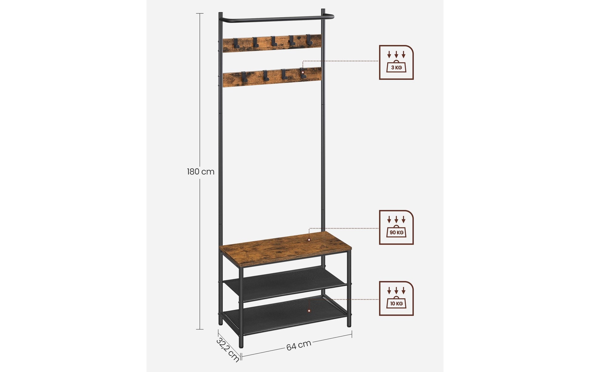Vasagle Garderobe mit Schuhregal – 9 Haken, Stahl/Spanplatte, Schwarz/Braun, 64 × 32,2 × 180 cm