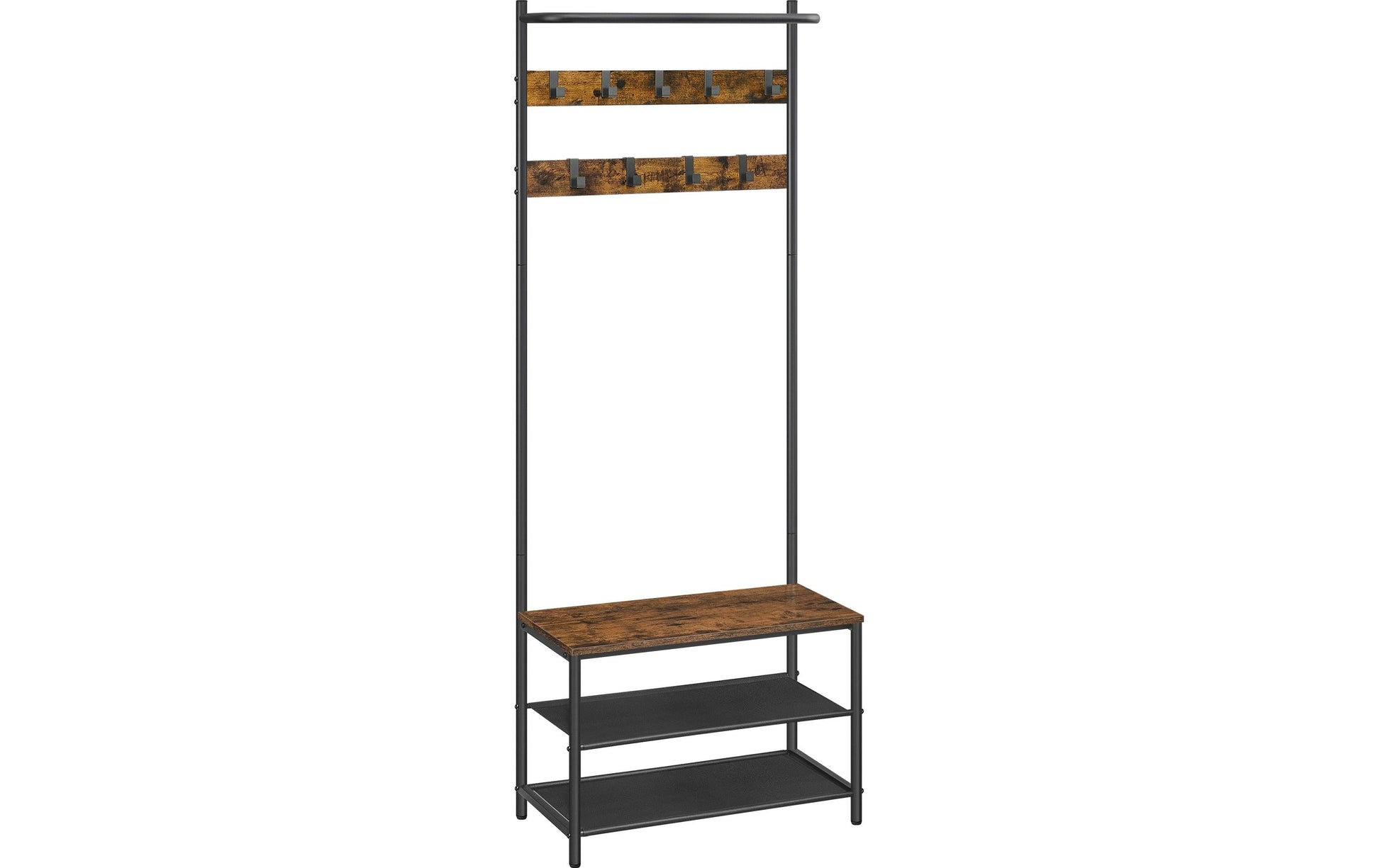 Vasagle Garderobe mit Schuhregal – 9 Haken, Stahl/Spanplatte, Schwarz/Braun, 64 × 32,2 × 180 cm