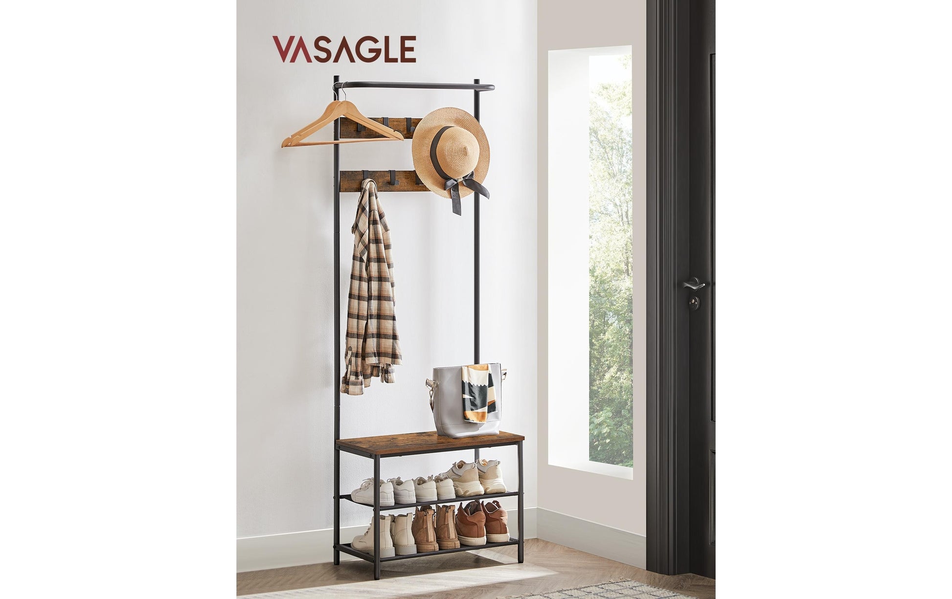 Vasagle Garderobe mit Schuhregal – 9 Haken, Stahl/Spanplatte, Schwarz/Braun, 64 × 32,2 × 180 cm