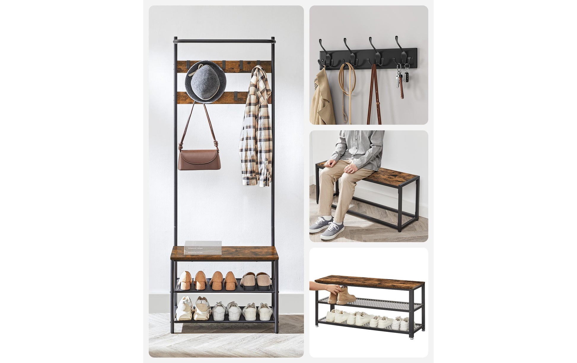 Vasagle Garderobe mit Schuhregal – 9 Haken, Stahl/Spanplatte, Schwarz/Braun, 64 × 32,2 × 180 cm
