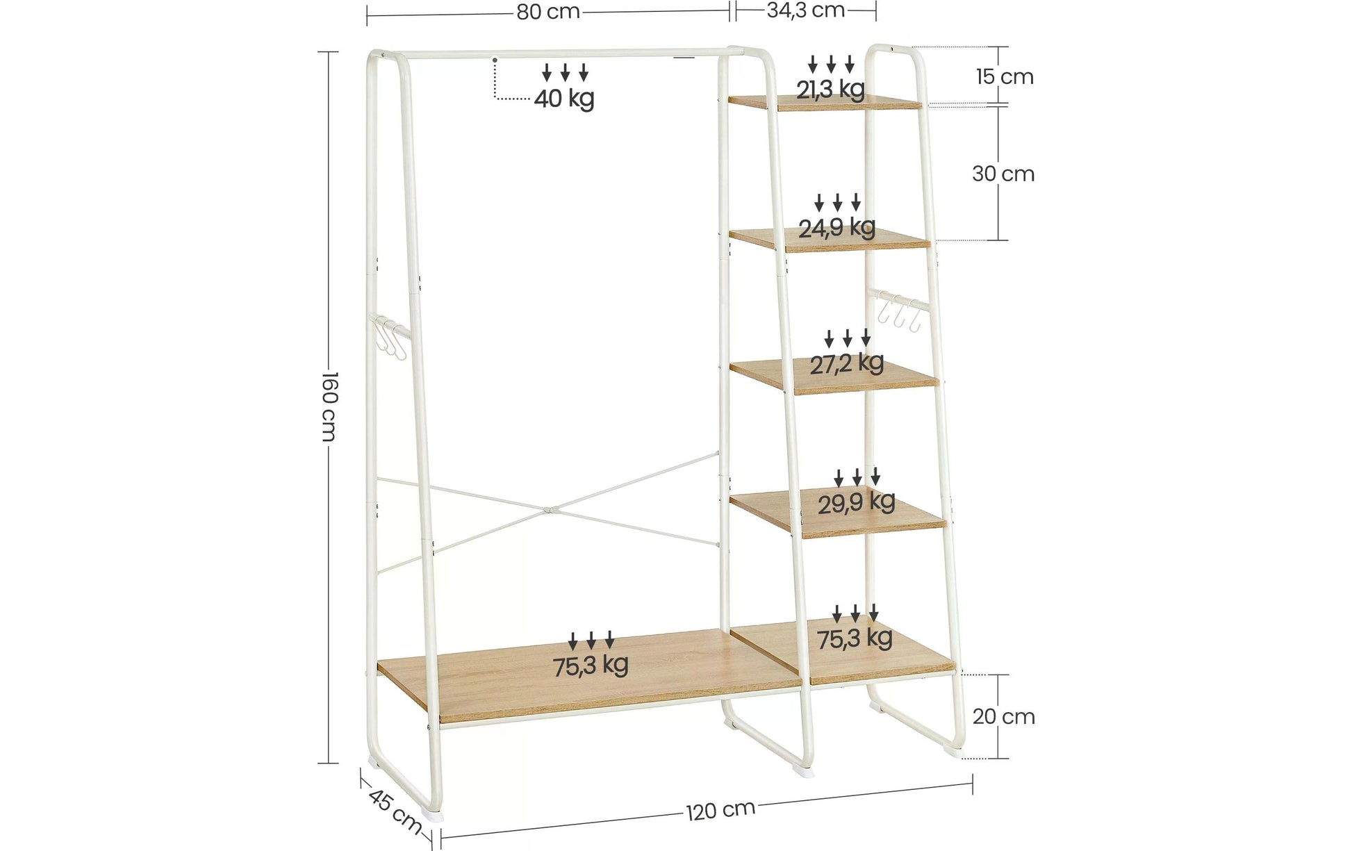 Vasagle Garderobe mit Schuhregal – 6 Haken, Stahl/Spanplatte, Braun/Natur, 120 × 45 × 160 cm