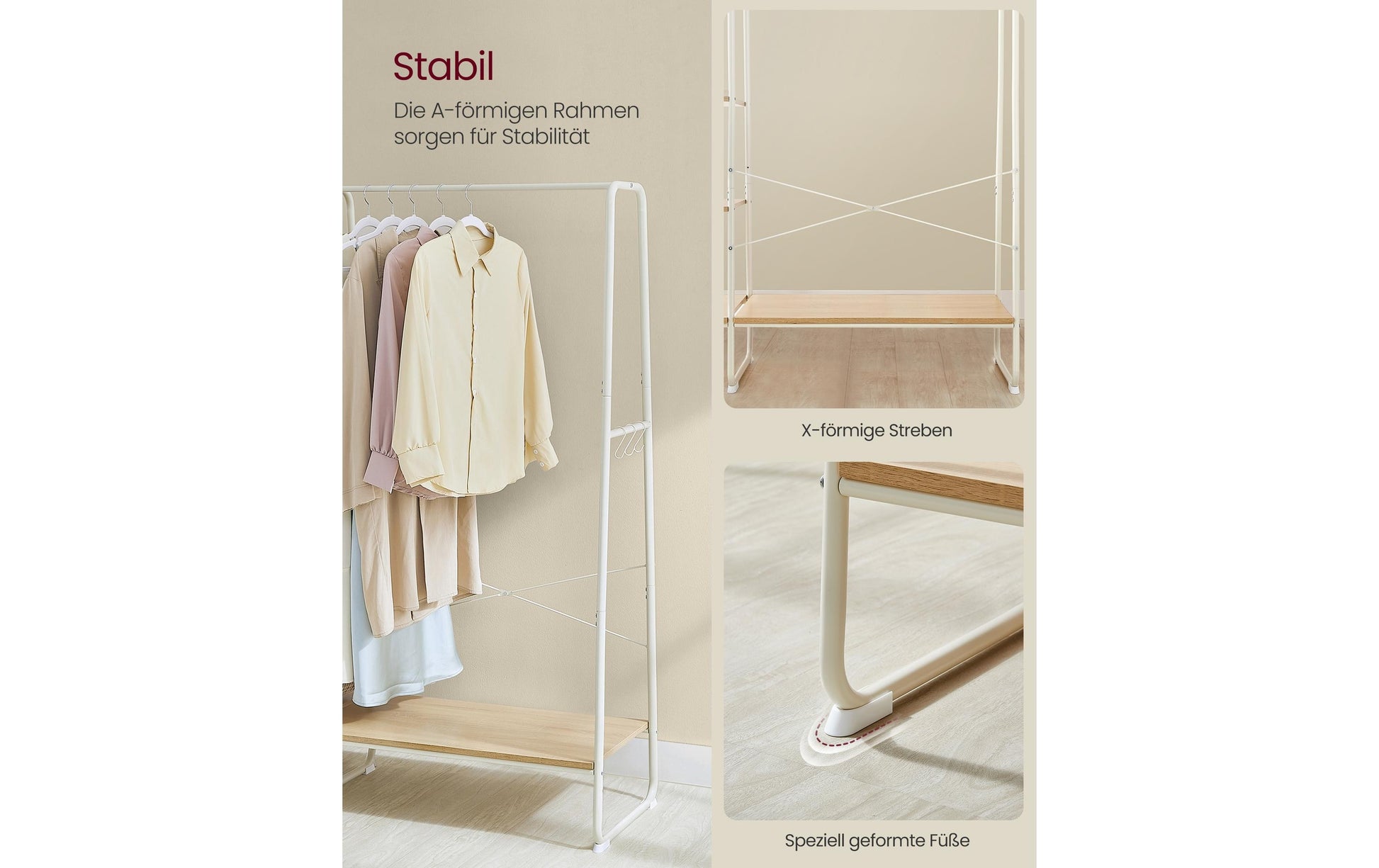 Vasagle Garderobe mit Schuhregal – 6 Haken, Stahl/Spanplatte, Braun/Natur, 120 × 45 × 160 cm