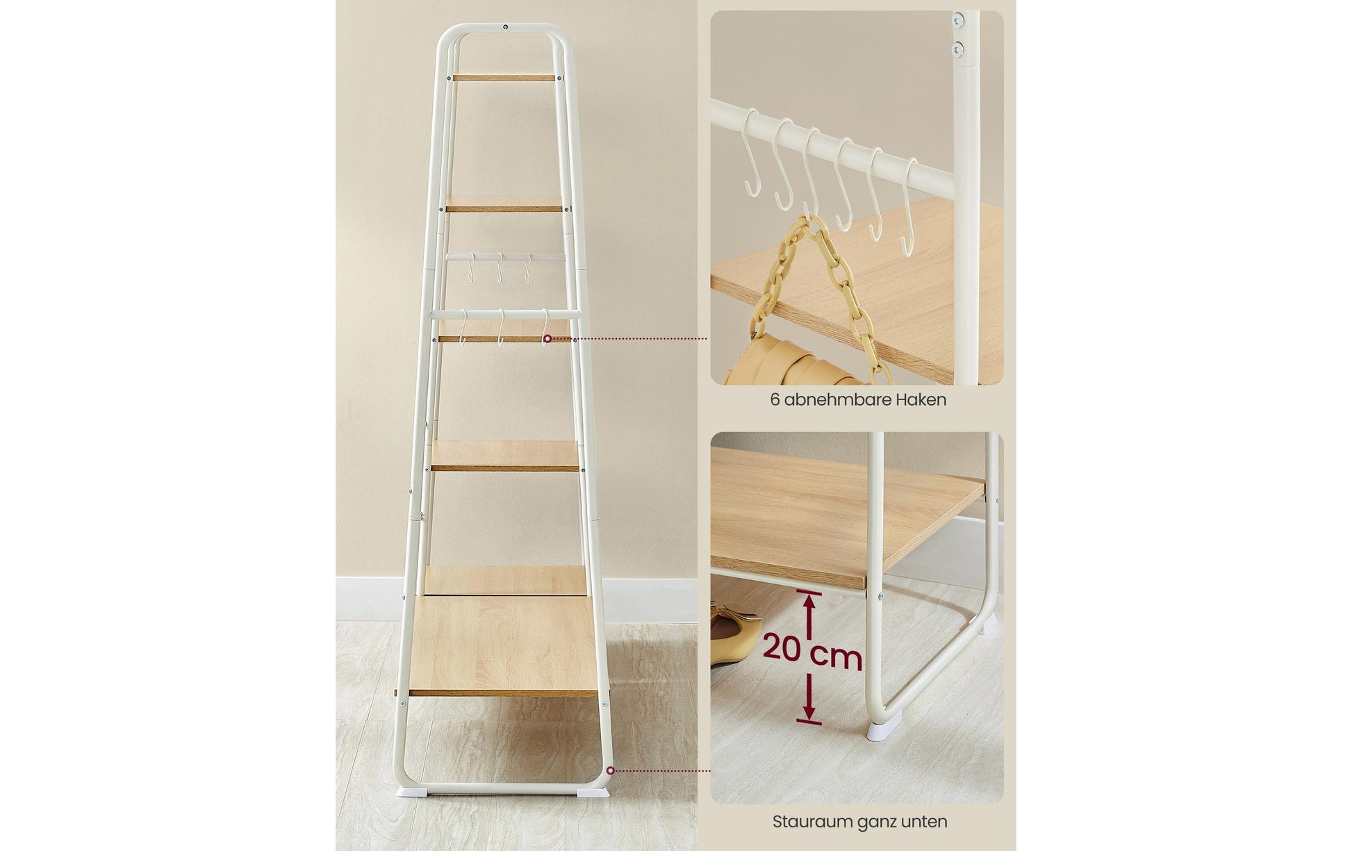 Vasagle Garderobe mit Schuhregal – 6 Haken, Stahl/Spanplatte, Braun/Natur, 120 × 45 × 160 cm