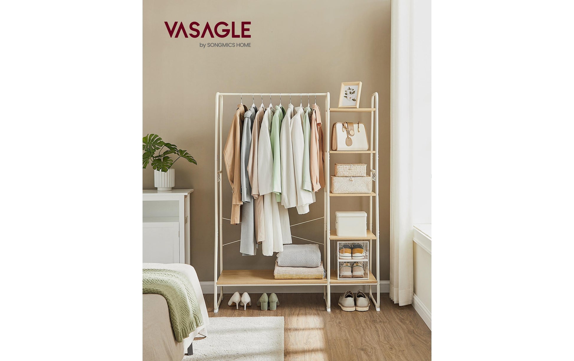 Vasagle Garderobe mit Schuhregal – 6 Haken, Stahl/Spanplatte, Braun/Natur, 120 × 45 × 160 cm