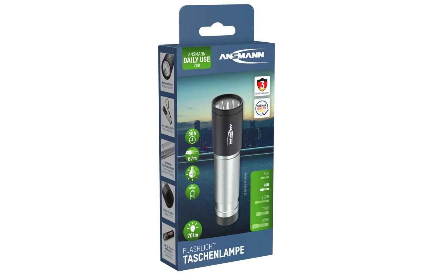 Ansmann Taschenlampe Daily Use 70B – 70 lm, 67 m, IPX4, Batteriebetrieb (AA) – Silber