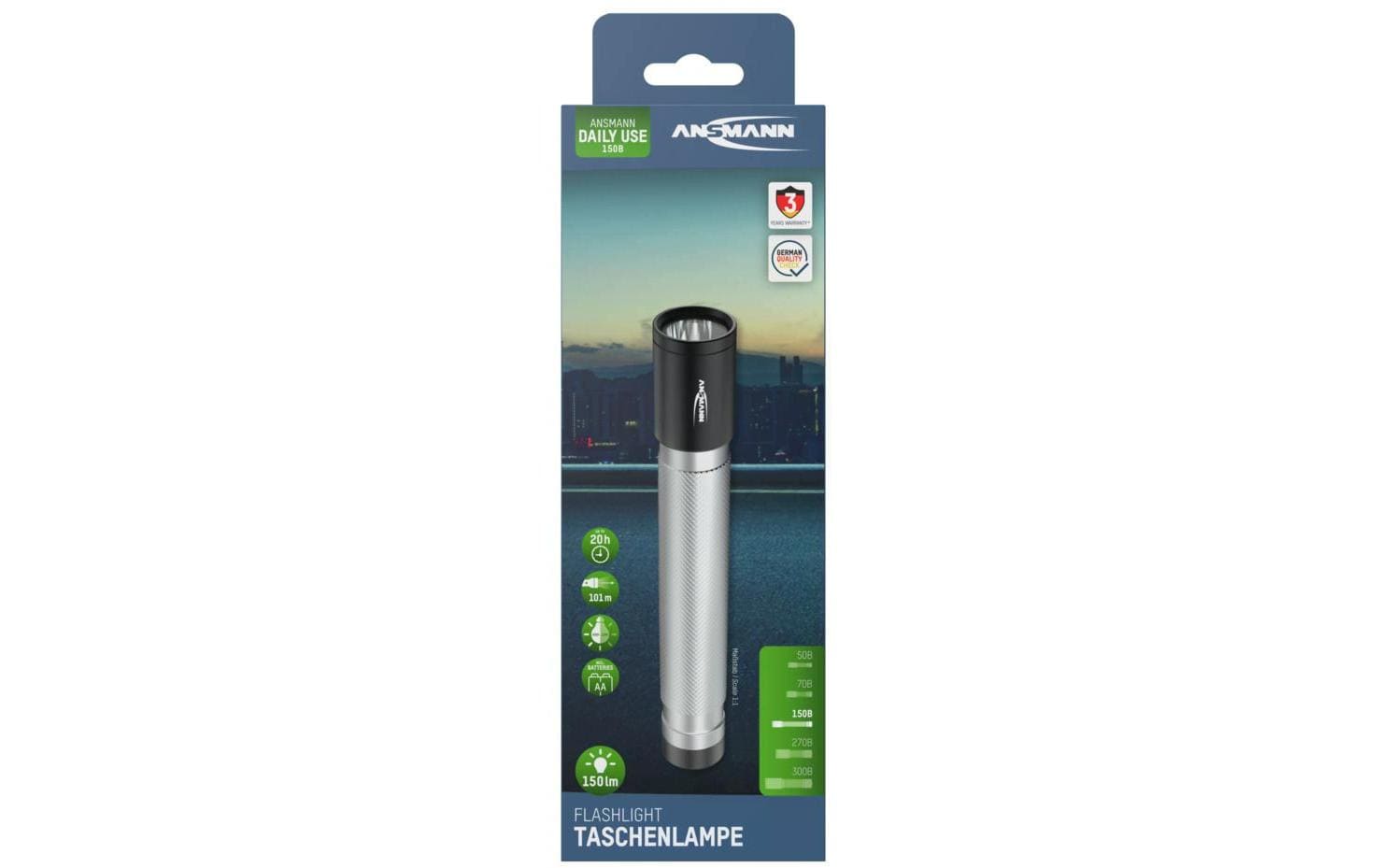 Ansmann Taschenlampe Daily Use 150B – 150 lm, 101 m, IPX4, AA (2× enthalten) – Schwarz