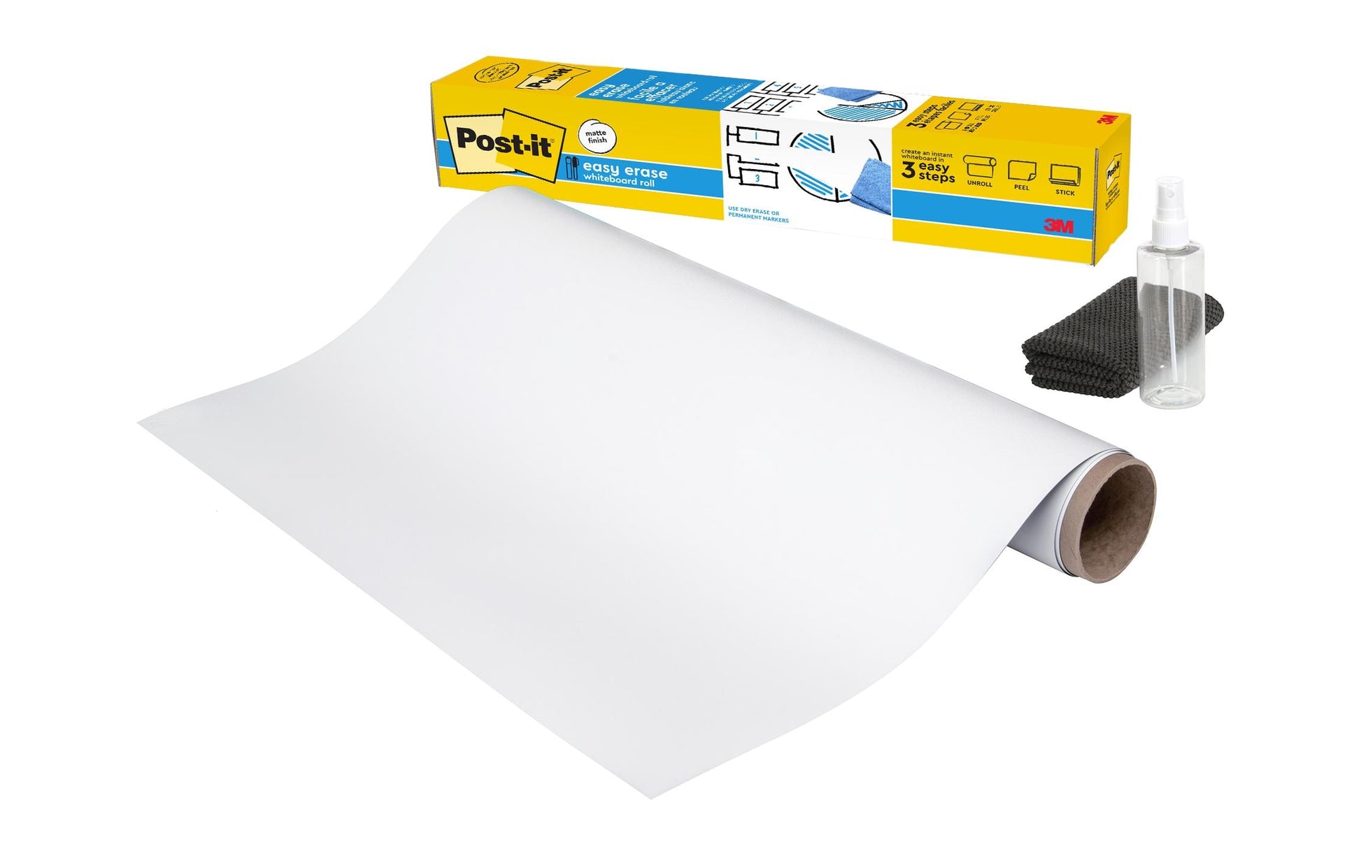 Post-It Whiteboard – 121,9 × 182,9 cm, Folie, Wandmontage, inkl. Mikrofasertuch, Wasserflasche