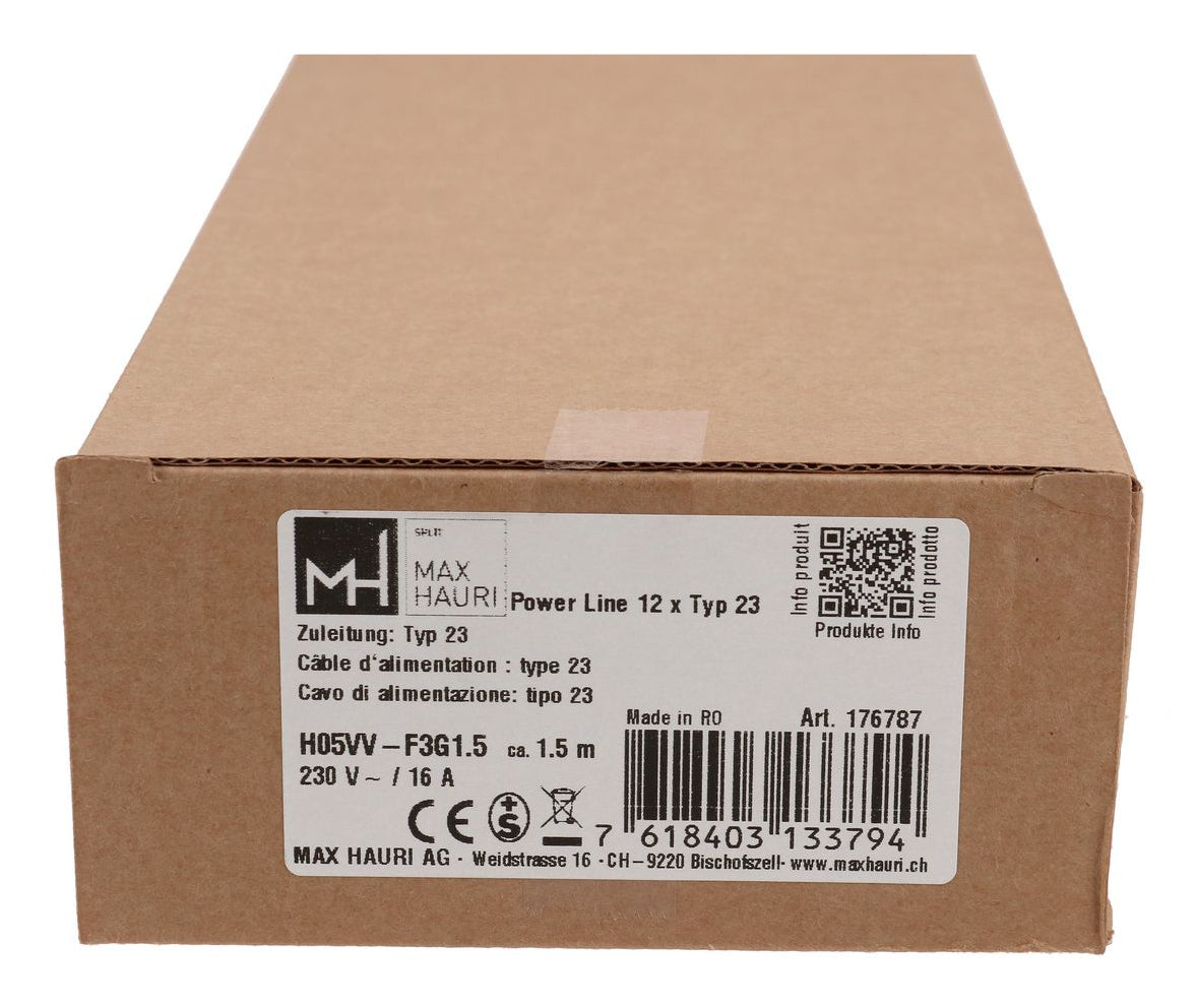 Max Hauri AG Max Hauri Power Line Steckdosenleiste – 12× T23, 1,5 m, ohne Schalter, 230 V/16 A, grau/schwarz