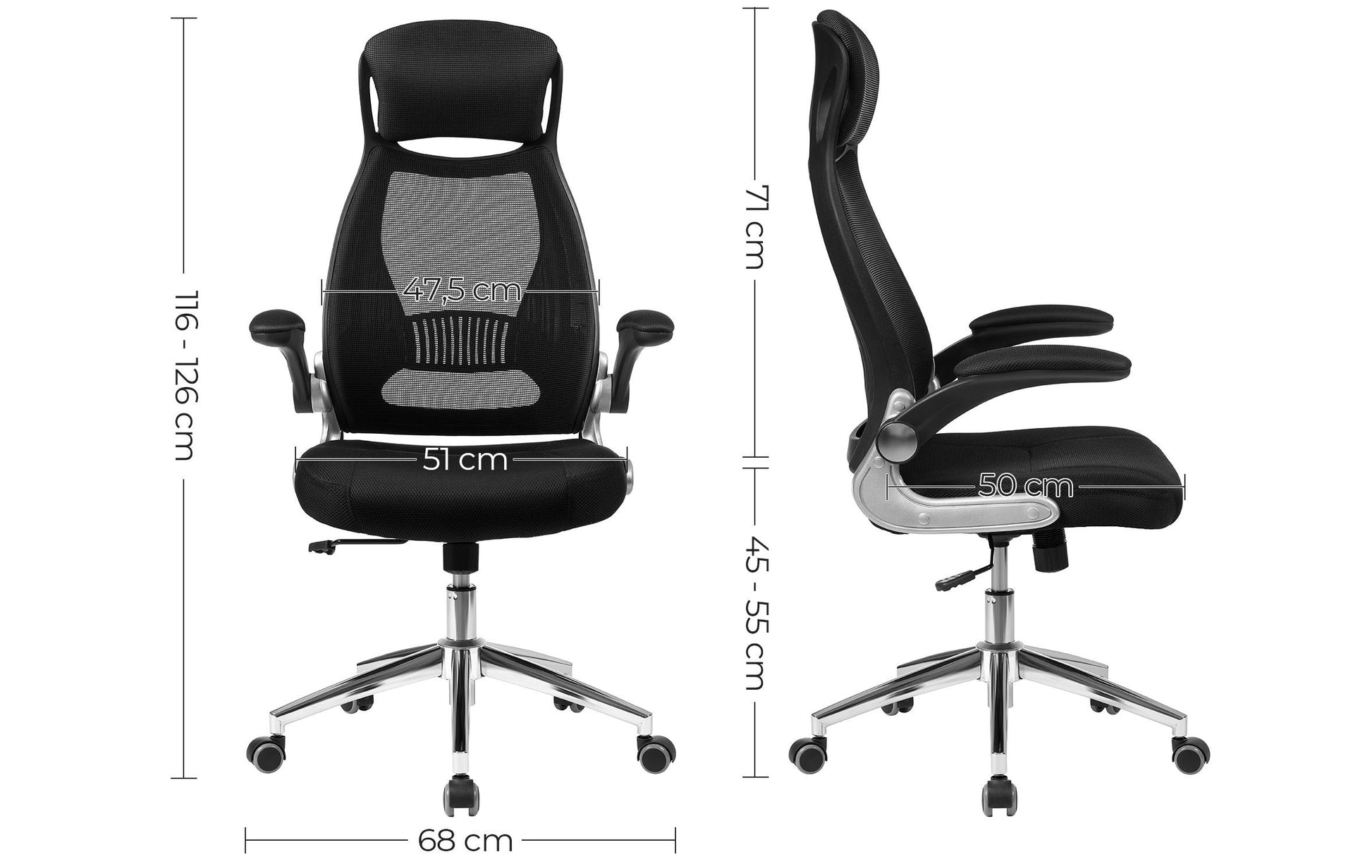 Songmics OBN86BK Bürostuhl – Netzrücken – Schwarz, mit Kopfstütze, 45–54,5 cm, bis 150 kg