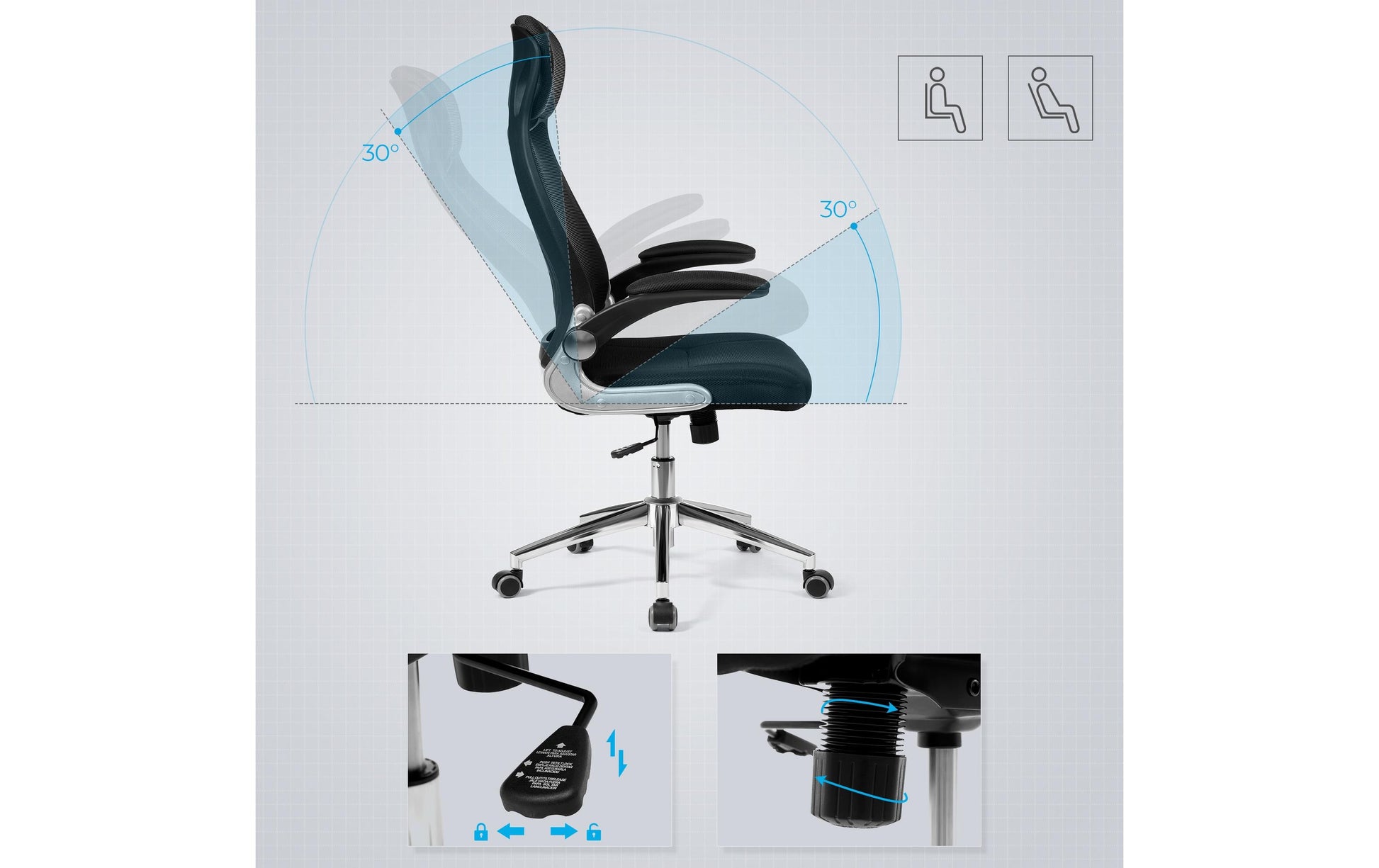 Songmics OBN86BK Bürostuhl – Netzrücken – Schwarz, mit Kopfstütze, 45–54,5 cm, bis 150 kg