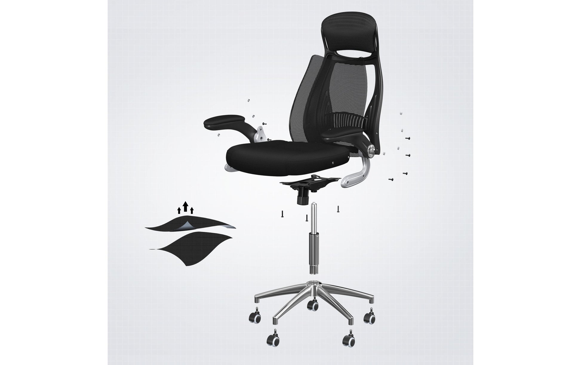 Songmics OBN86BK Bürostuhl – Netzrücken – Schwarz, mit Kopfstütze, 45–54,5 cm, bis 150 kg