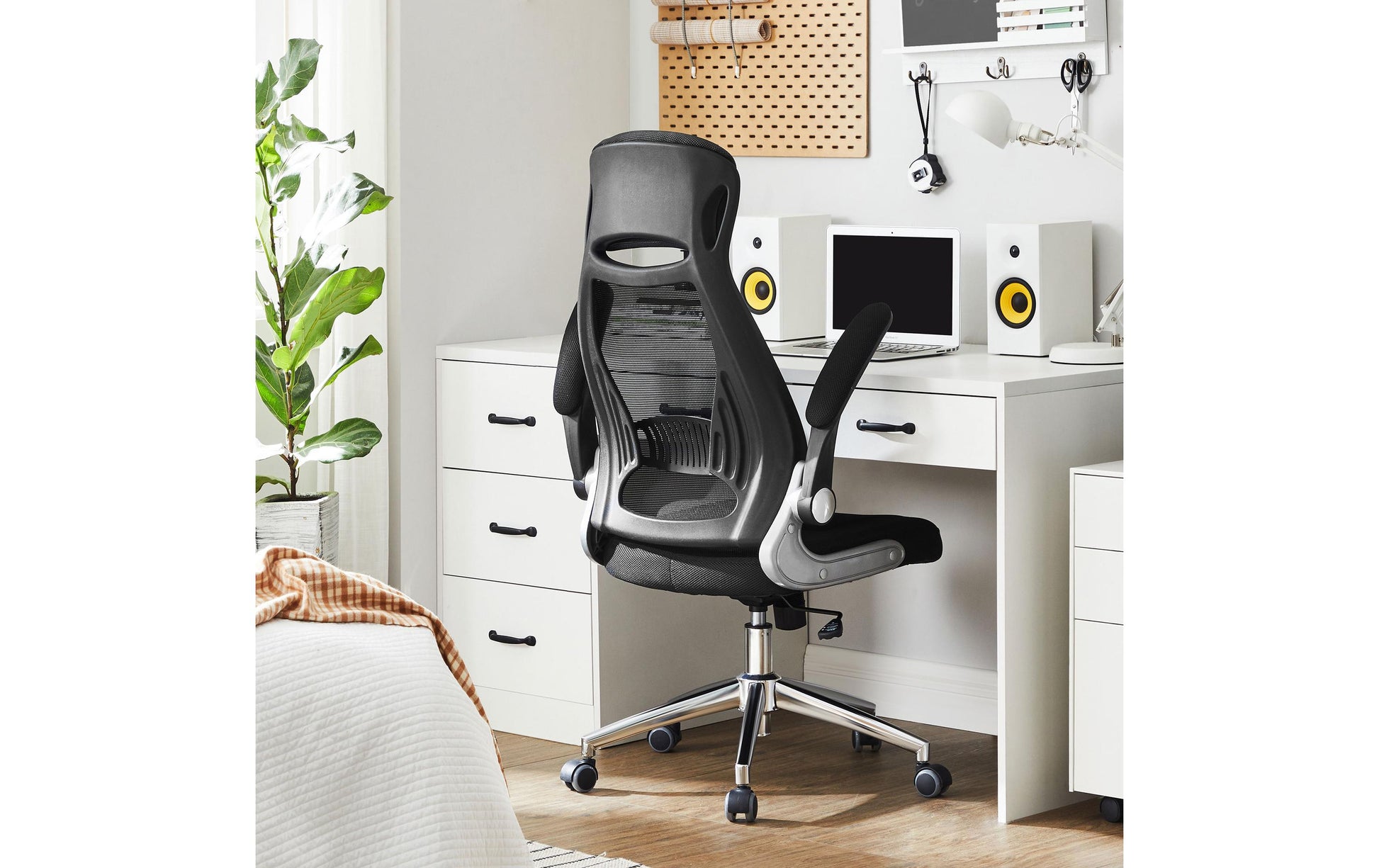 Songmics OBN86BK Bürostuhl – Netzrücken – Schwarz, mit Kopfstütze, 45–54,5 cm, bis 150 kg