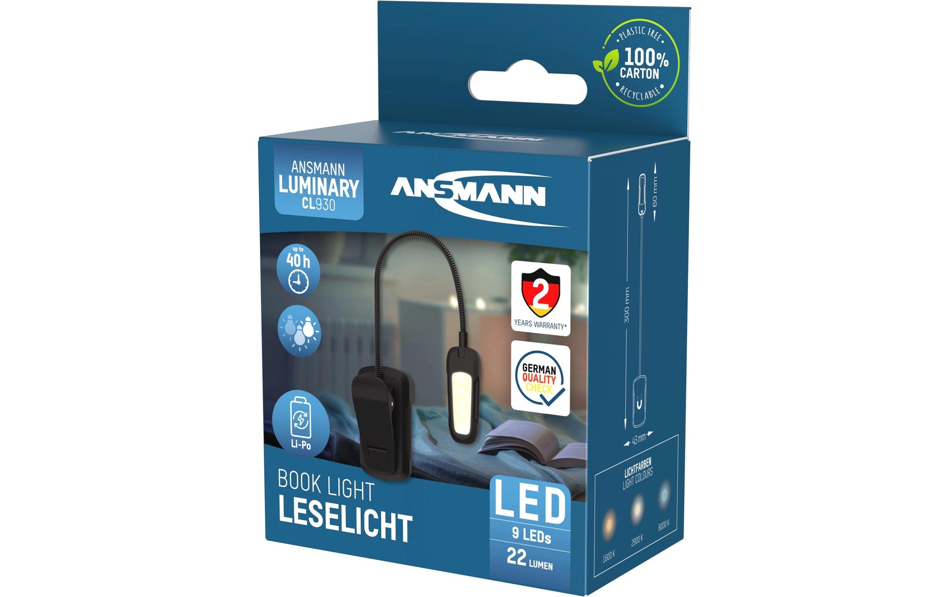 Ansmann Tischleuchte Book Light – 30 cm, 22 lm, 1600–6000 K, dimmbar, Akku, schwarz