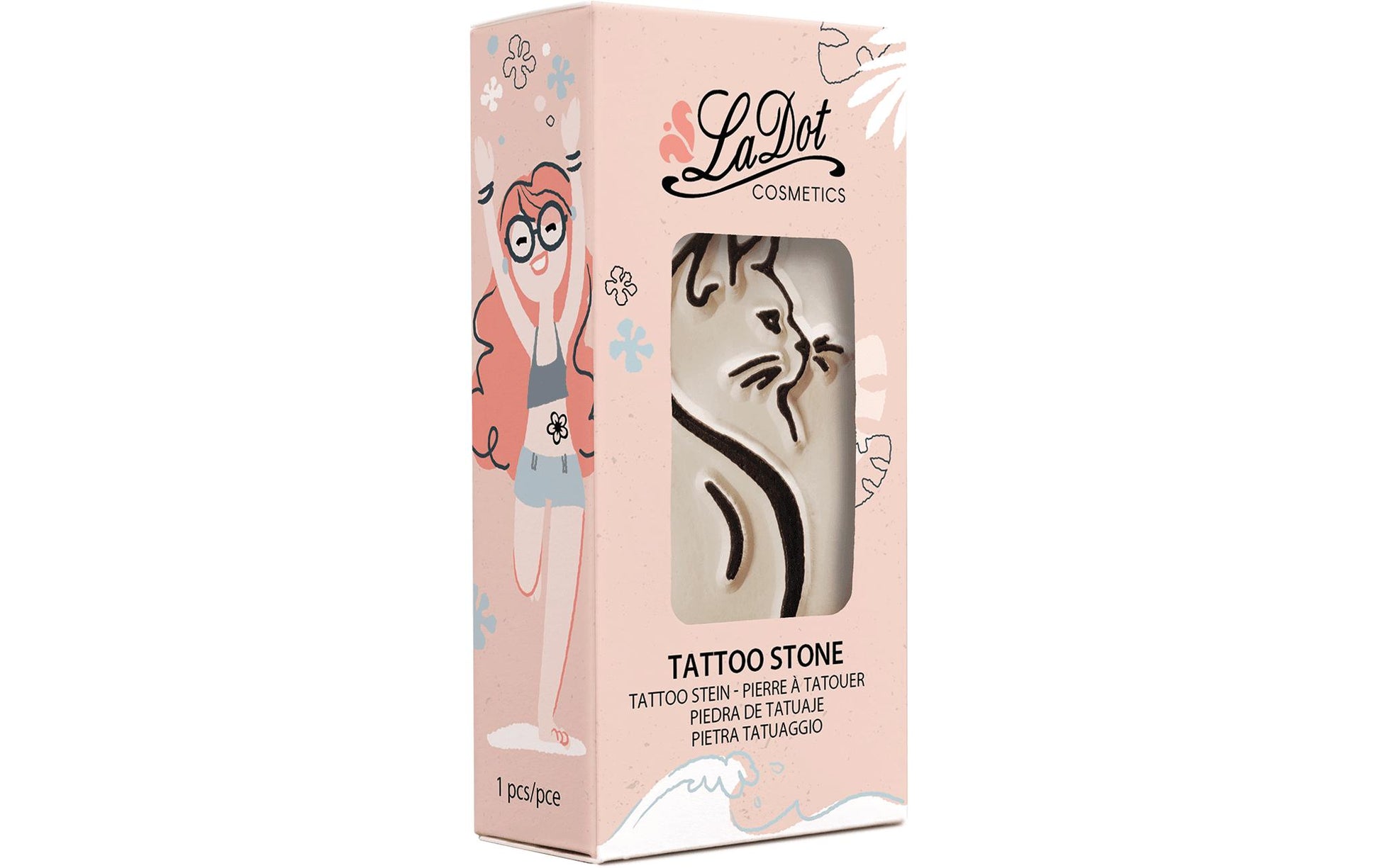LaDot Tattoostempel Katze – Weiss – 25 × 50 mm – Stein – 1 Stk – mit Aufbewahrungsbox