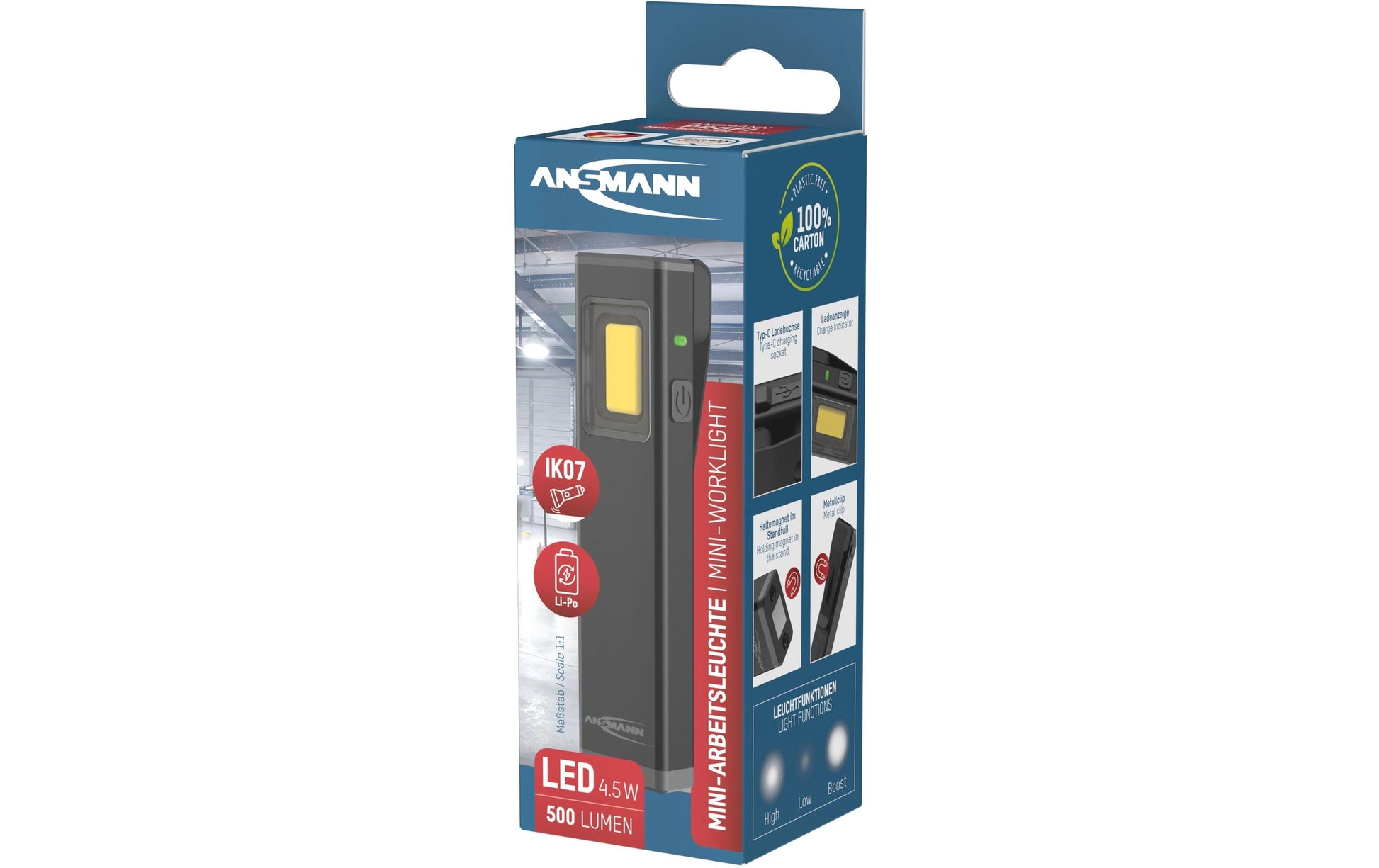Ansmann Taschenlampe Pocket Light Mini-Booster 450R – 500 lm, 26 m, Akkubetrieb, 1,5–3 h – Schwarz