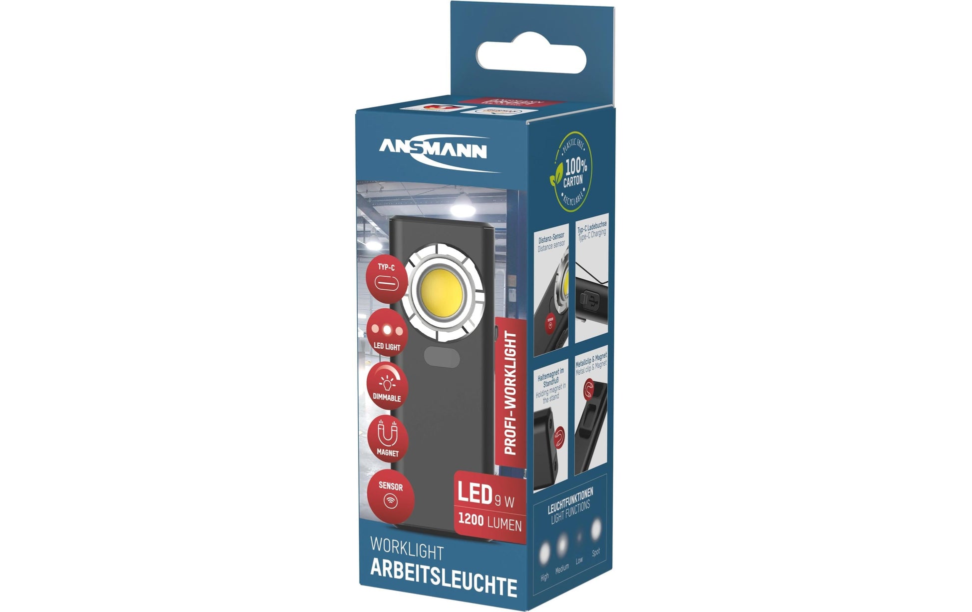 Ansmann Arbeitsleuchte WL1200R-DS – 1200 lm, Akku 9 Wh, 7 m Reichweite, wasserfest – Schwarz