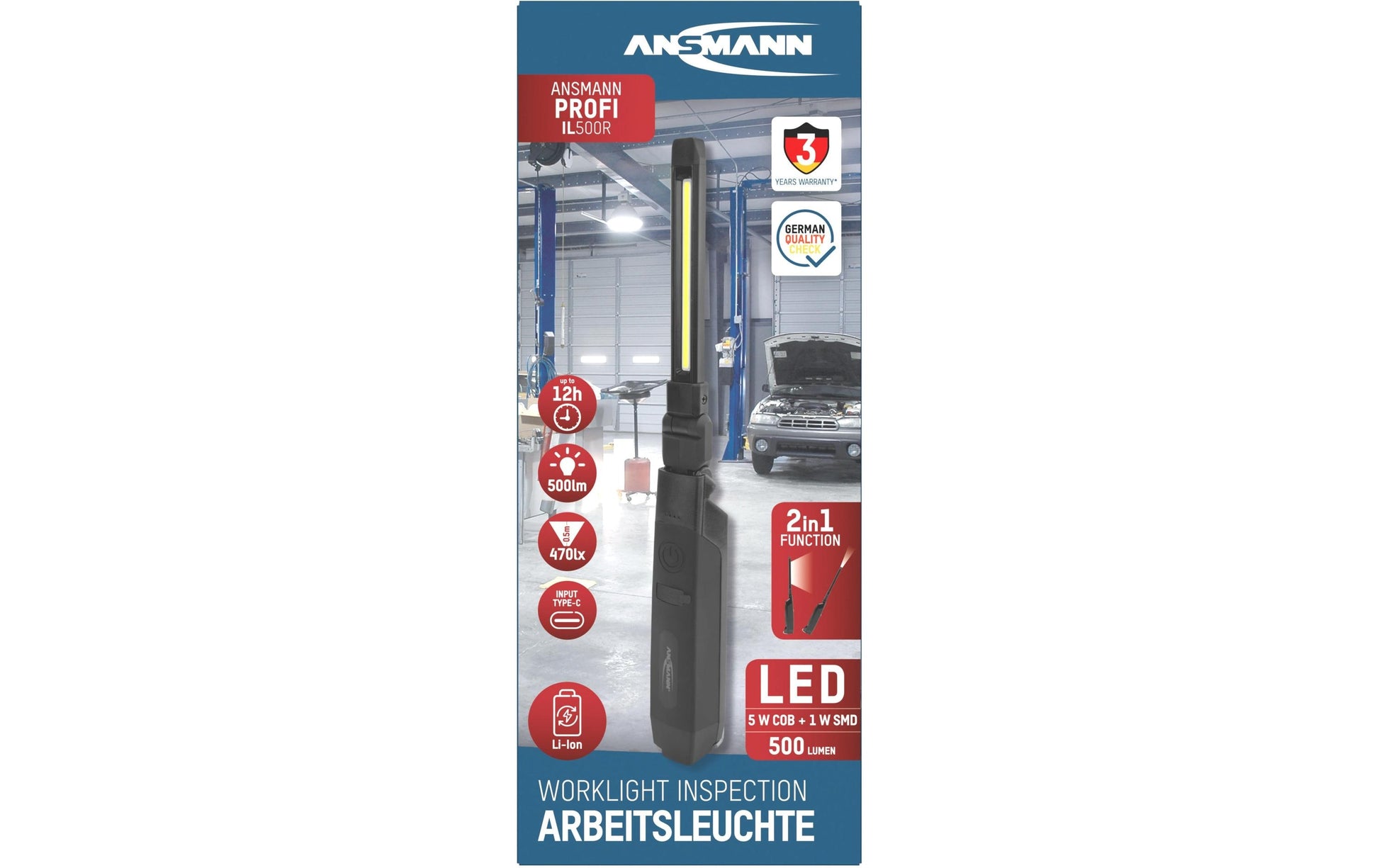 Ansmann Arbeitsleuchte IL500R – 500 lm, Akku, Laufzeit 2–4 h, Reichweite 22 m – Schwarz