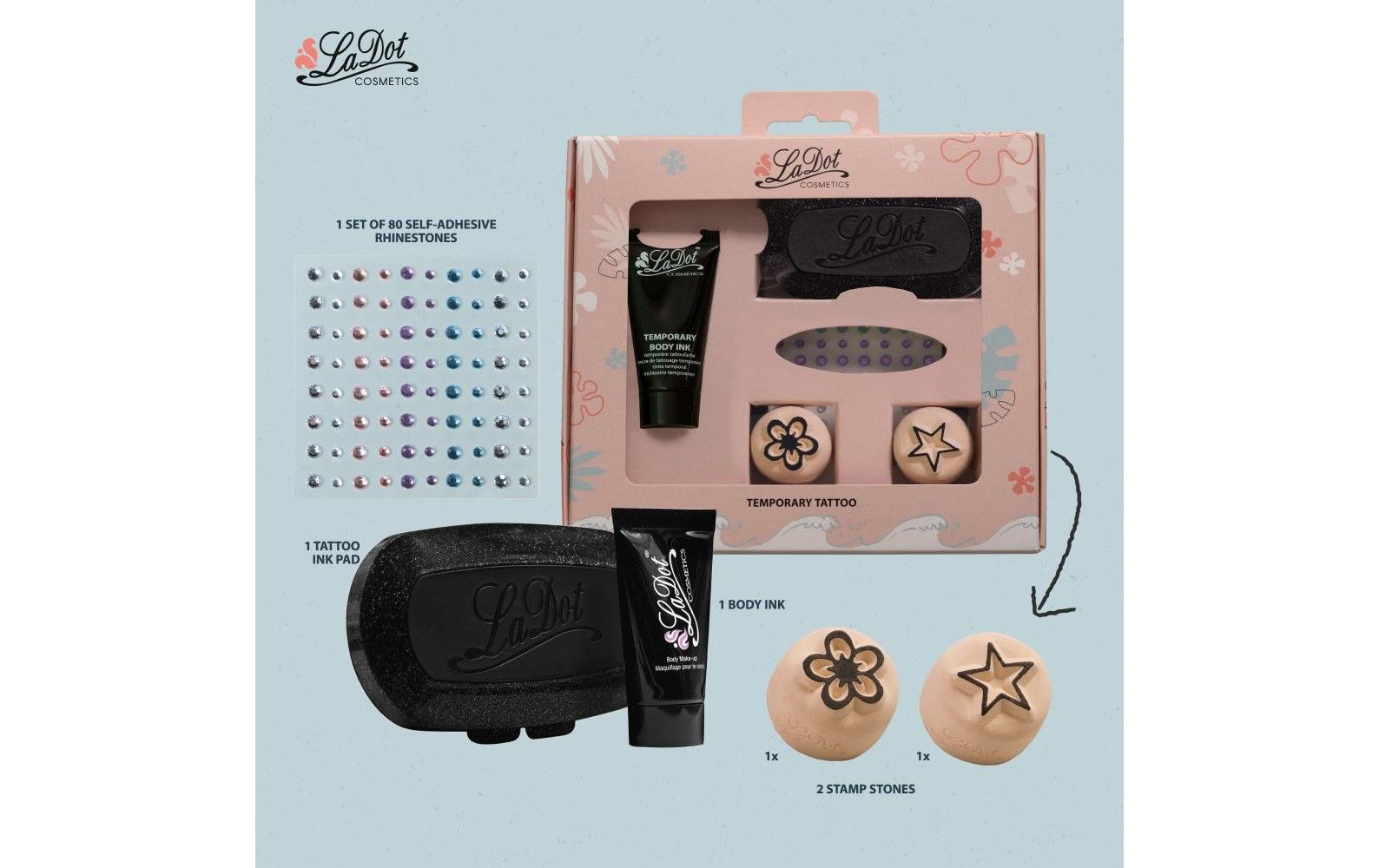 LaDot Schminkset – Tattoostempel – 15 ml – inkl. 2 Stempel, Schablonen und Strasssteine