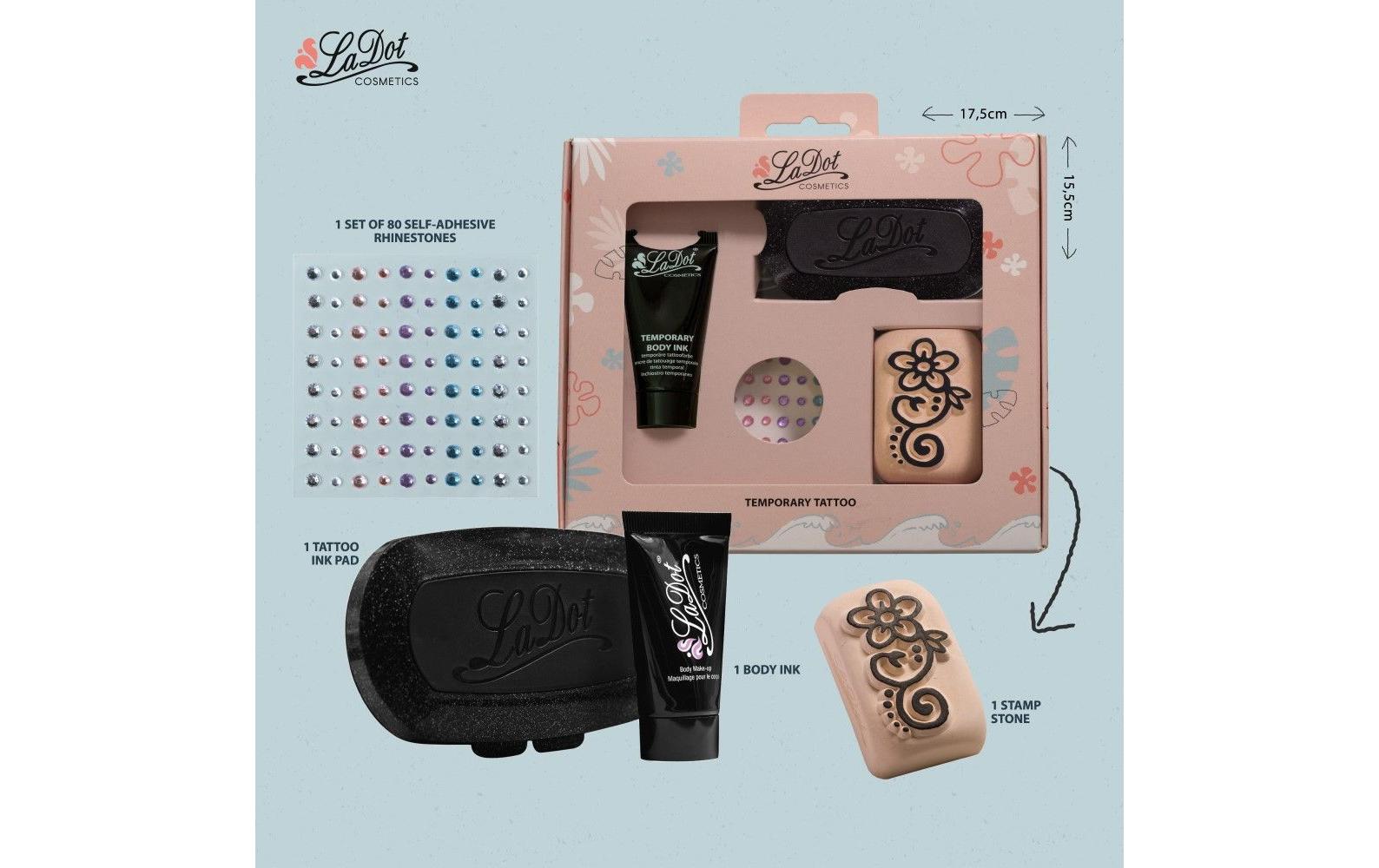 LaDot Tattoo-Stempel-Set – Set 2 – 15 ml Schwarz – inkl. Schablonen & Strasssteine