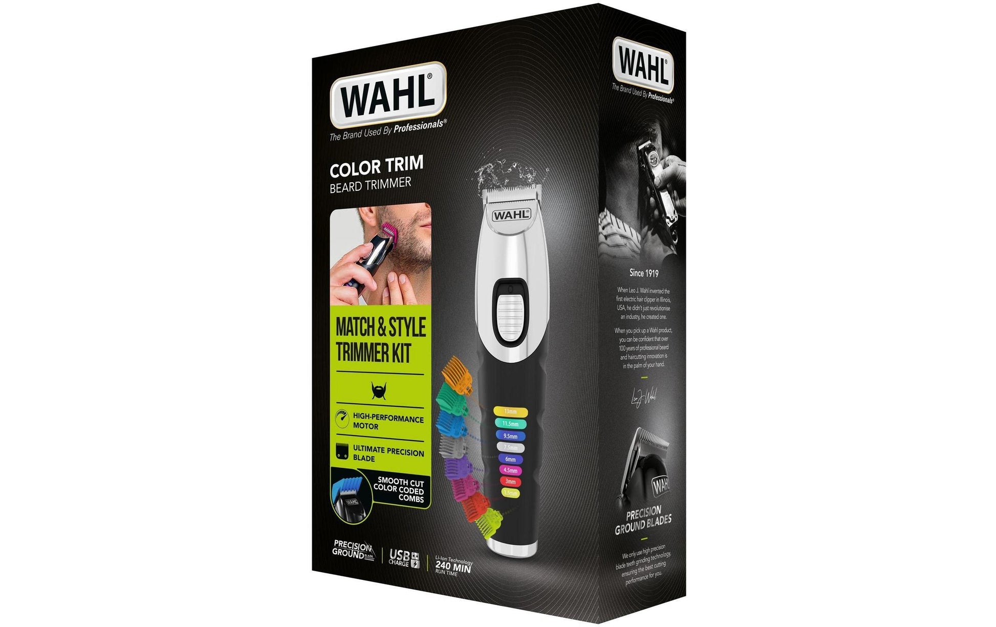 Wahl Barttrimmer Color Trim – Akkubetrieb, 240 min, 0,5–13 mm, 9 Stk, 3 cm Schnittbreite – Schwarz/Silber
