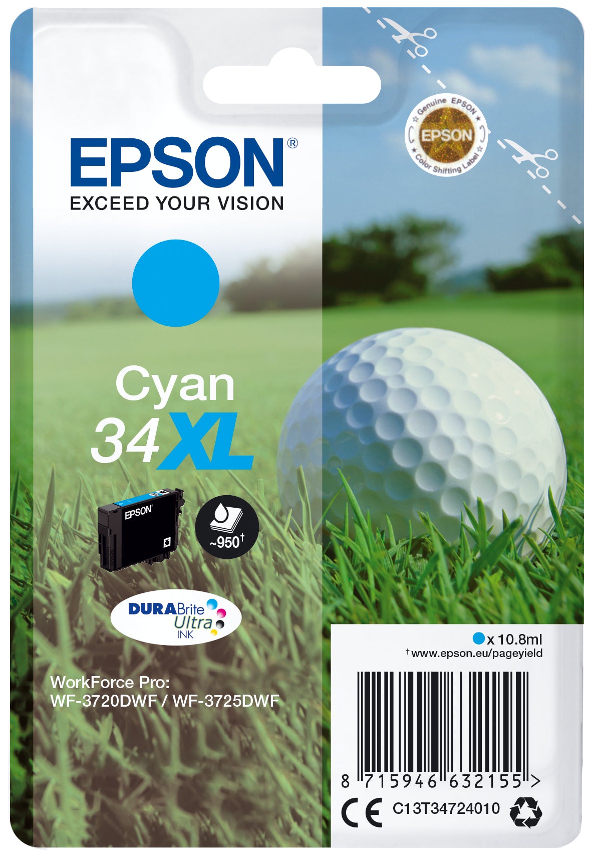 Epson 34XL Cyan Tintenpatrone (Original) – 950 Seiten – für Epson WorkForce Pro WF-3725DWF/3720DWF