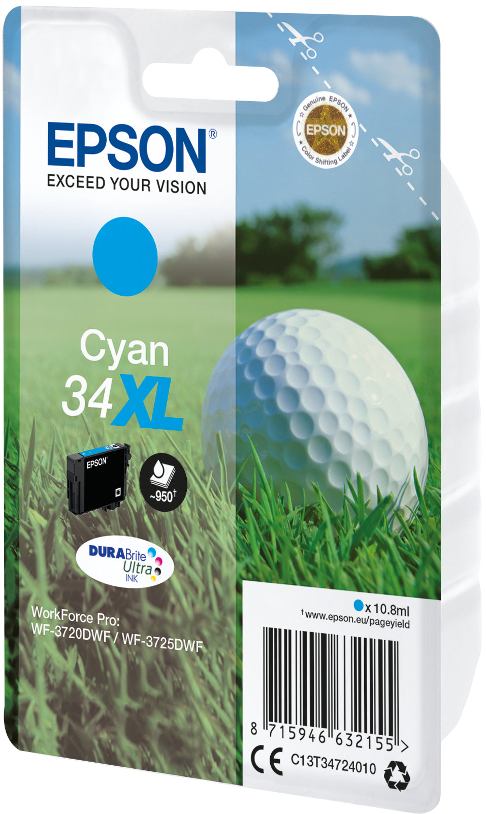 Epson 34XL Cyan Tintenpatrone (Original) – 950 Seiten – für Epson WorkForce Pro WF-3725DWF/3720DWF