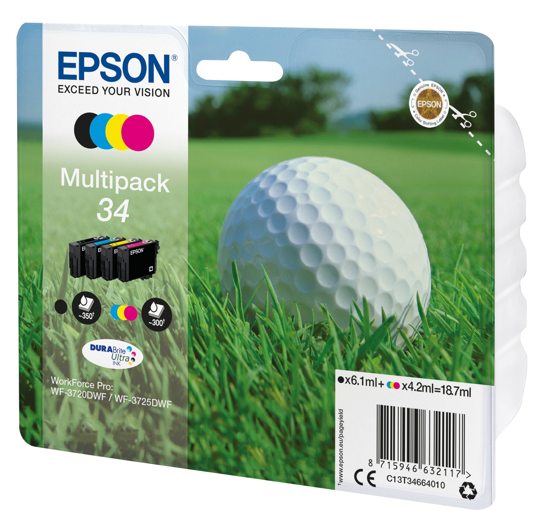 Epson 34 Tintenpatronen-Multipack, Schwarz/Cyan/Magenta/Gelb (Original) – für WorkForce Pro WF-3725/3720DWF
