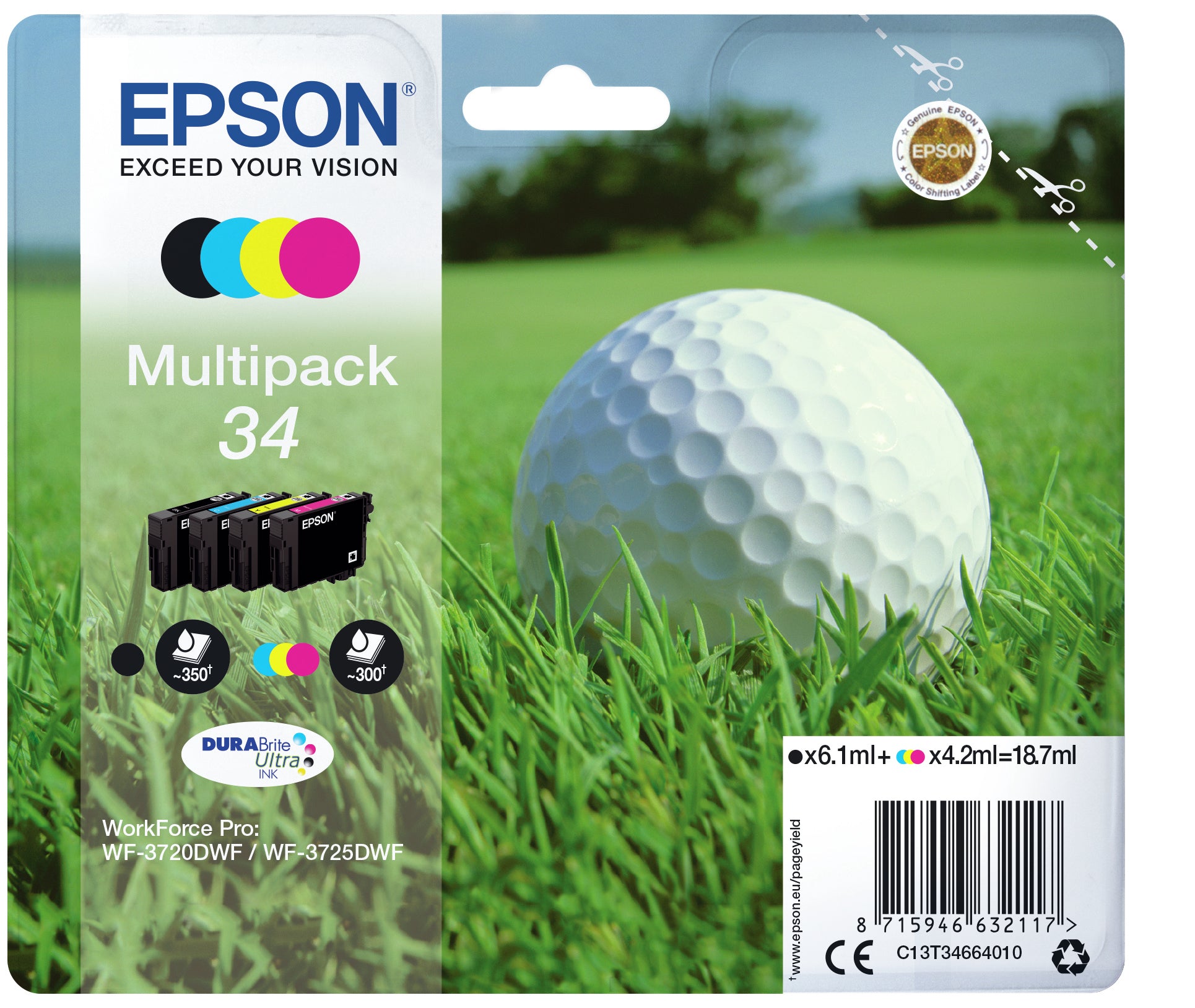 Epson 34 Tintenpatronen-Multipack, Schwarz/Cyan/Magenta/Gelb (Original) – für WorkForce Pro WF-3725/3720DWF