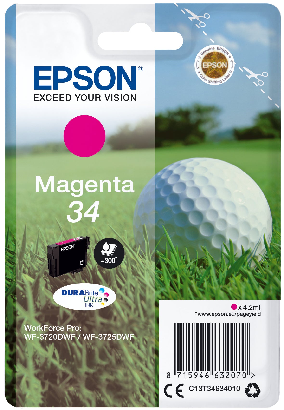 Epson 34 Magenta Tintenpatrone (Original) – 300 Seiten – für WorkForce Pro WF-3725DWF/3720DWF – C13T34634010