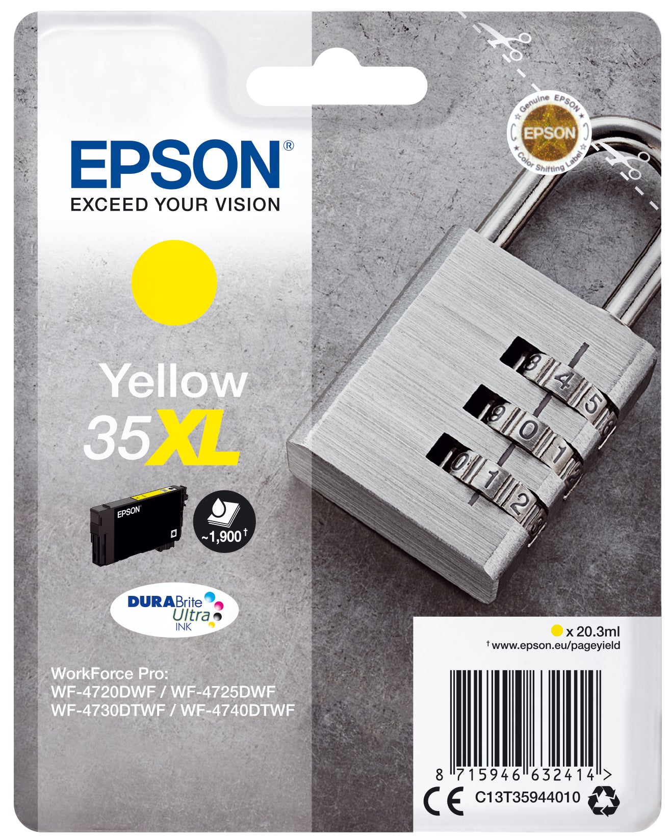 Epson T359440XL Gelbe Tintenpatrone (Original) – 1900 Seiten – für WorkForce Pro WF-4740DTWF/4730DTWF …