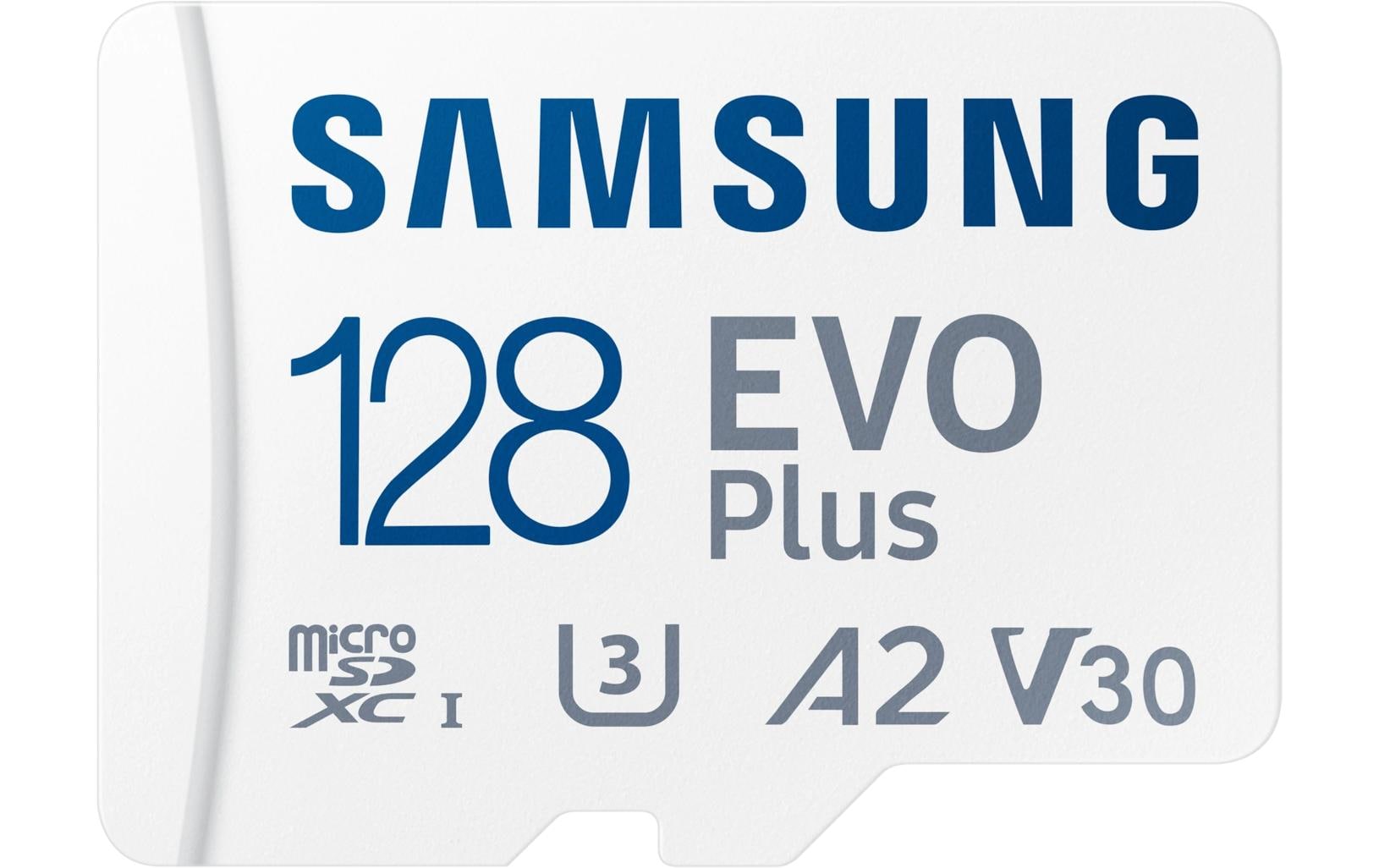 Samsung EVO Plus microSDXC 128 GB – UHS-I, U3, V30, A2, 160/130 MB/s, inkl. SD-Adapter