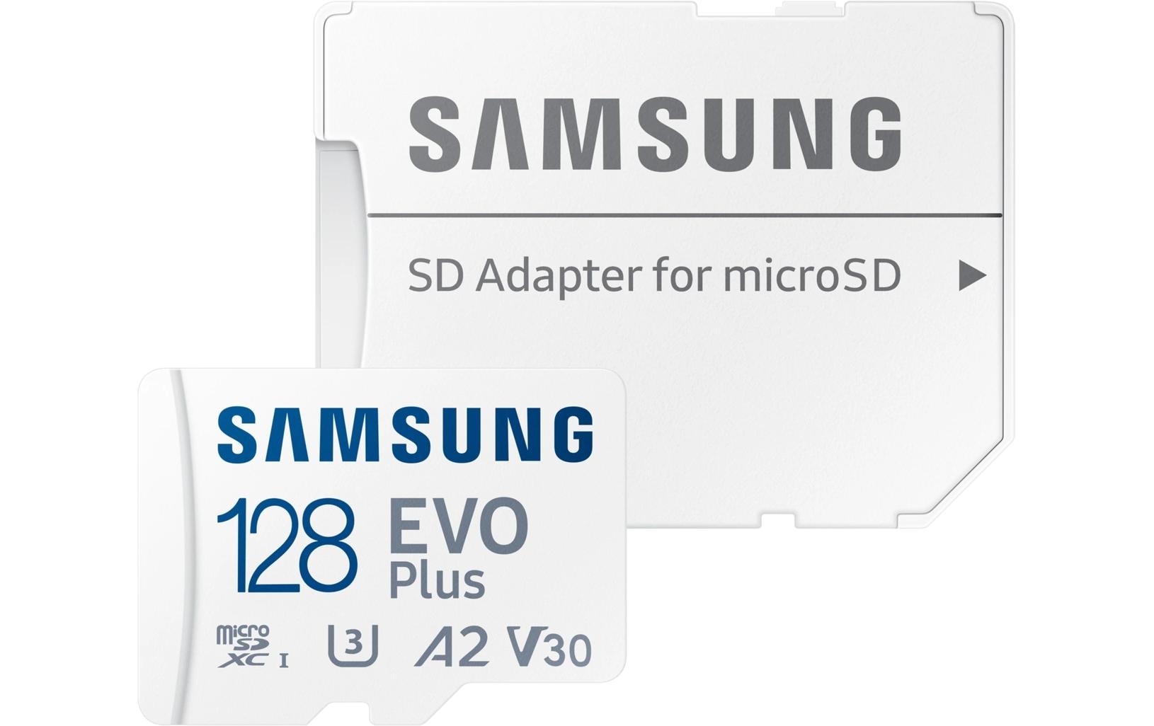 Samsung EVO Plus microSDXC 128 GB – UHS-I, U3, V30, A2, 160/130 MB/s, inkl. SD-Adapter