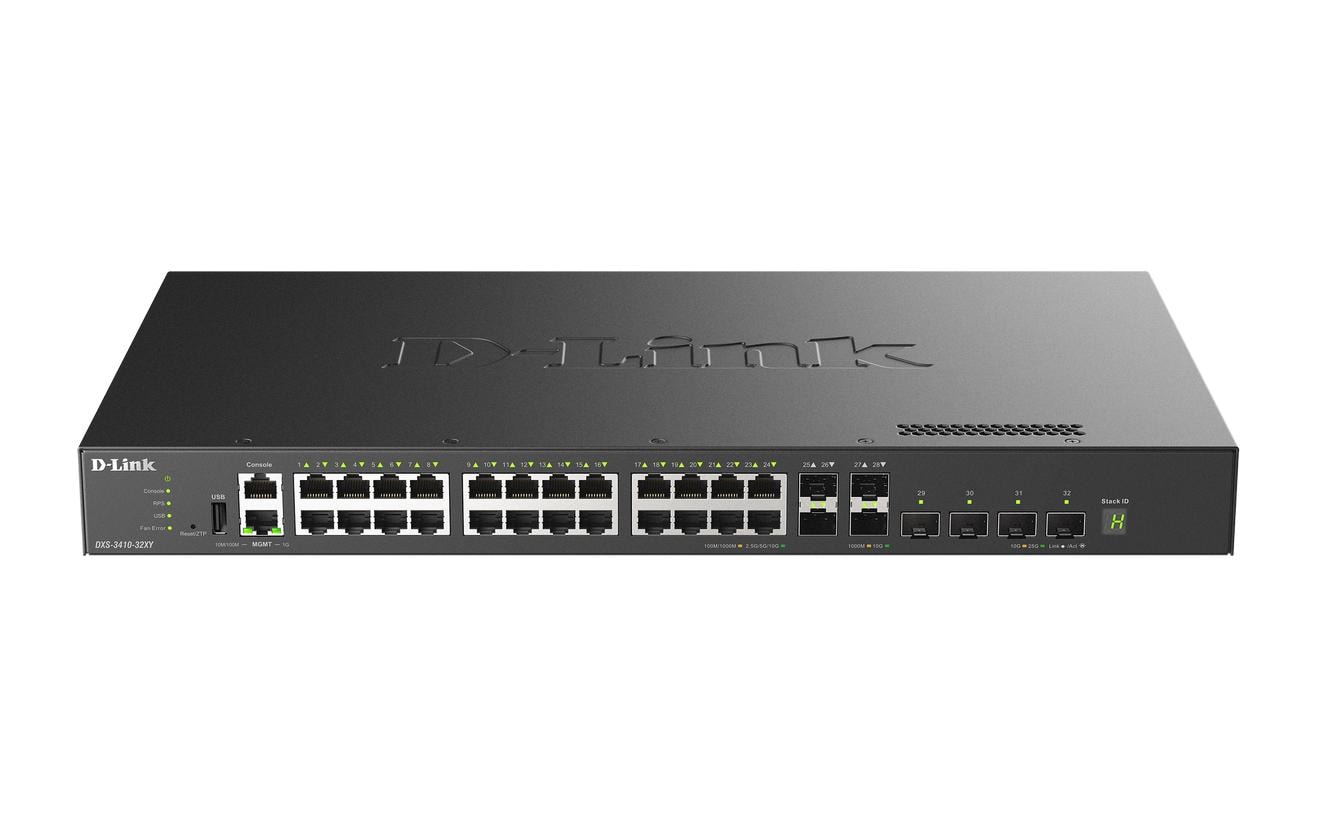 D-Link DXS-3410-32XY/E – Netzwerk-Switch (Managed), 10 Gigabit Ethernet, L3, 24x LAN (1/2,5/5/10GbE), 4x SFP28