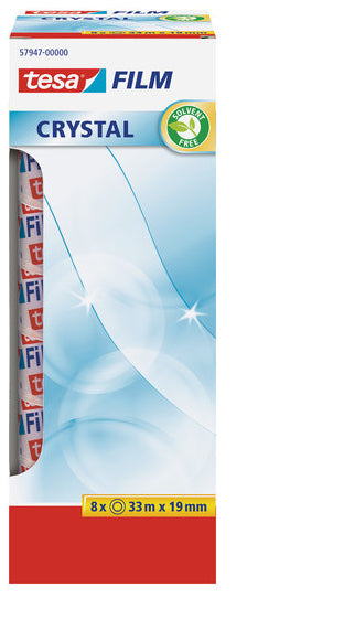 TESA Klebeband Crystal – permanent, Kunststoff, 19 mm × 33 m, Kern Ø 26 mm, 8 Rollen