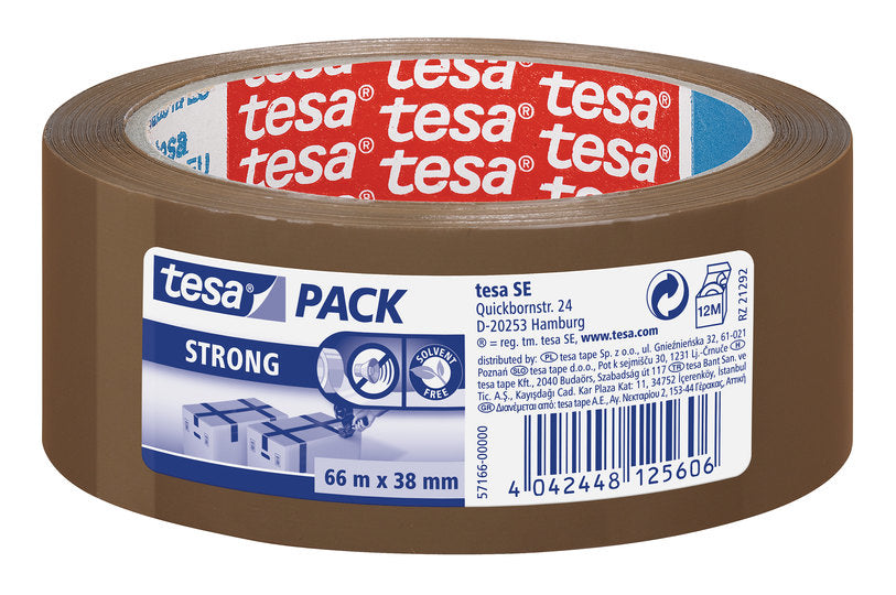 TESA Verpackungsband Strong – Permanent, Glatt, Kunststoff, 38 mm × 66 m, Braun, Kern Ø 76 mm