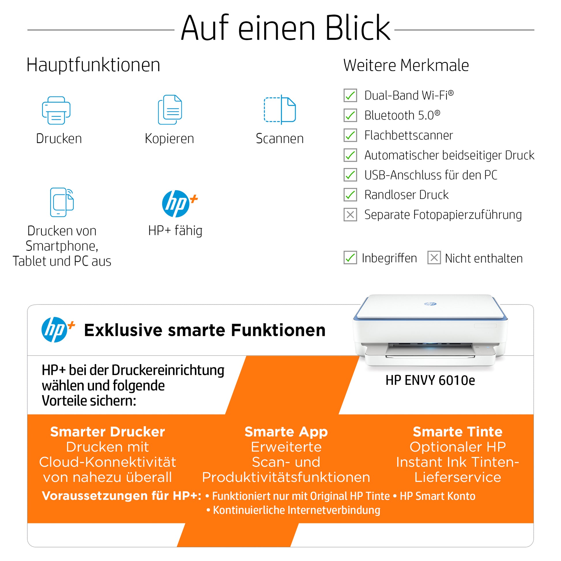 HP ENVY 6010e – Farbtintenstrahl-Multifunktionsdrucker, A4, 4-in-1, Duplex, WLAN, AirPrint, Mopria