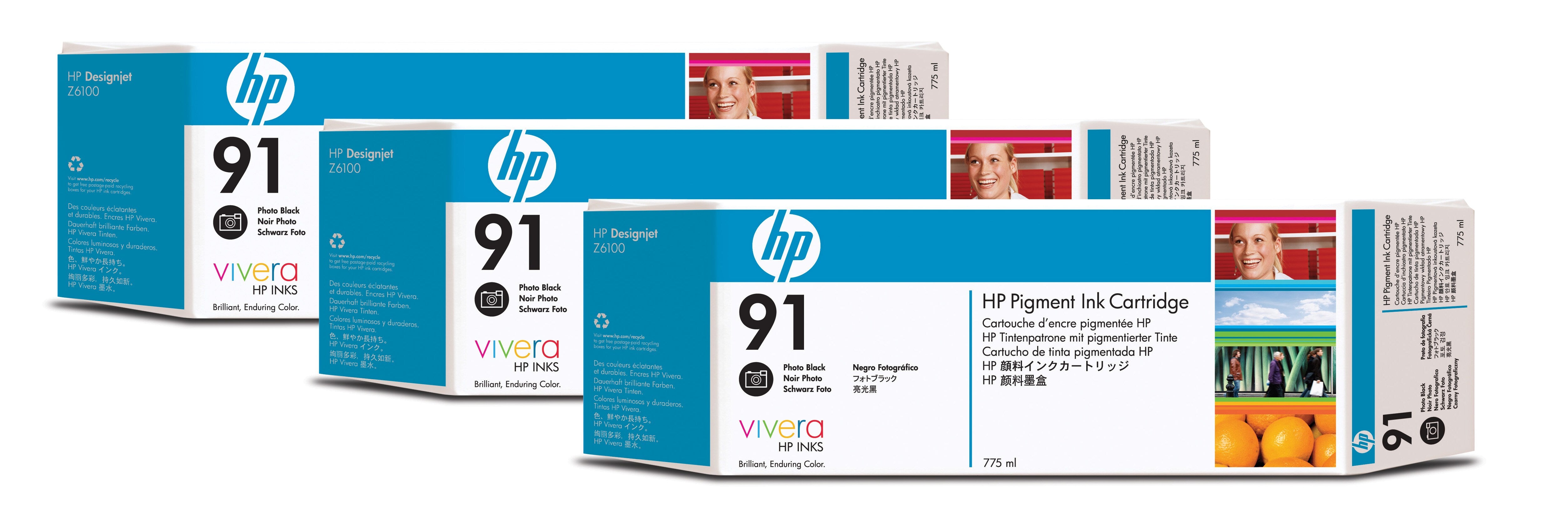 HP Tintenpatronen-Multipack 91 (C9481A), Foto Schwarz, 3er-Pack, Original – für Designjet Z 6100