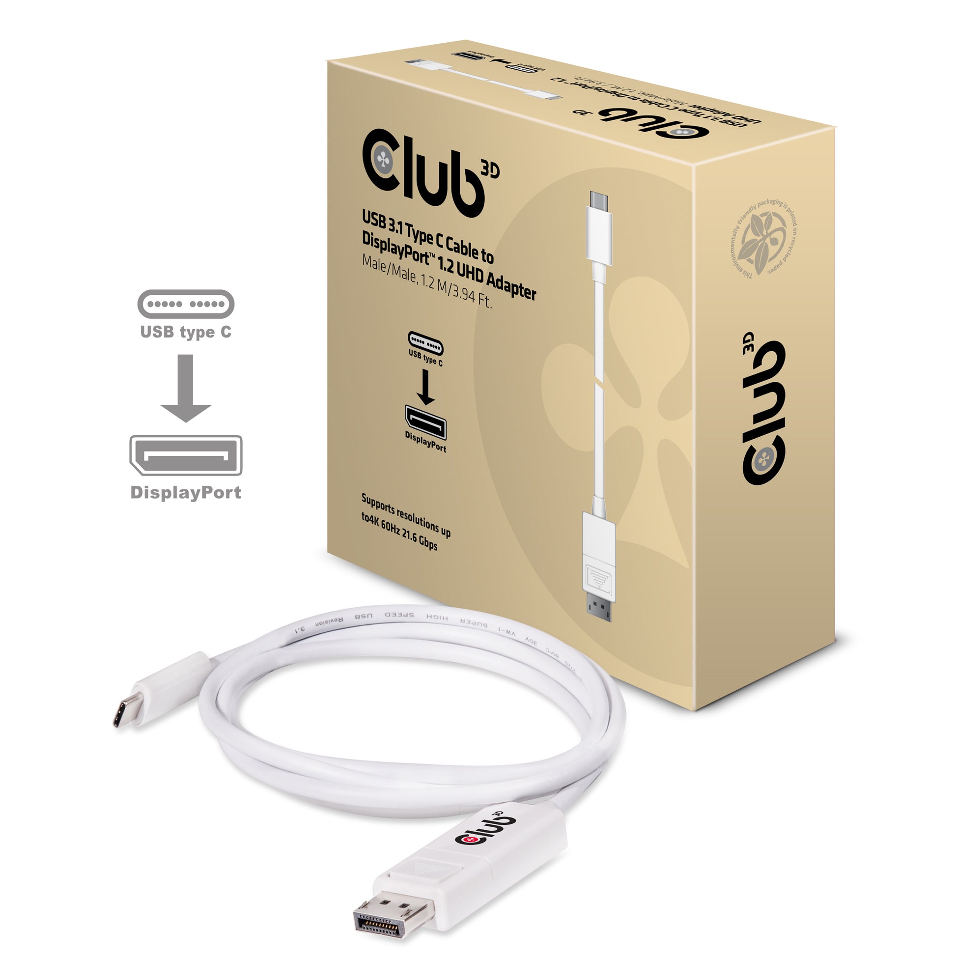 CLUB3D Club 3D – USB-C auf DisplayPort Adapter, DP 1.2, 4K@60 Hz, 1,2 m, aktiv, für Apple OS X/Windows/Chrome OS