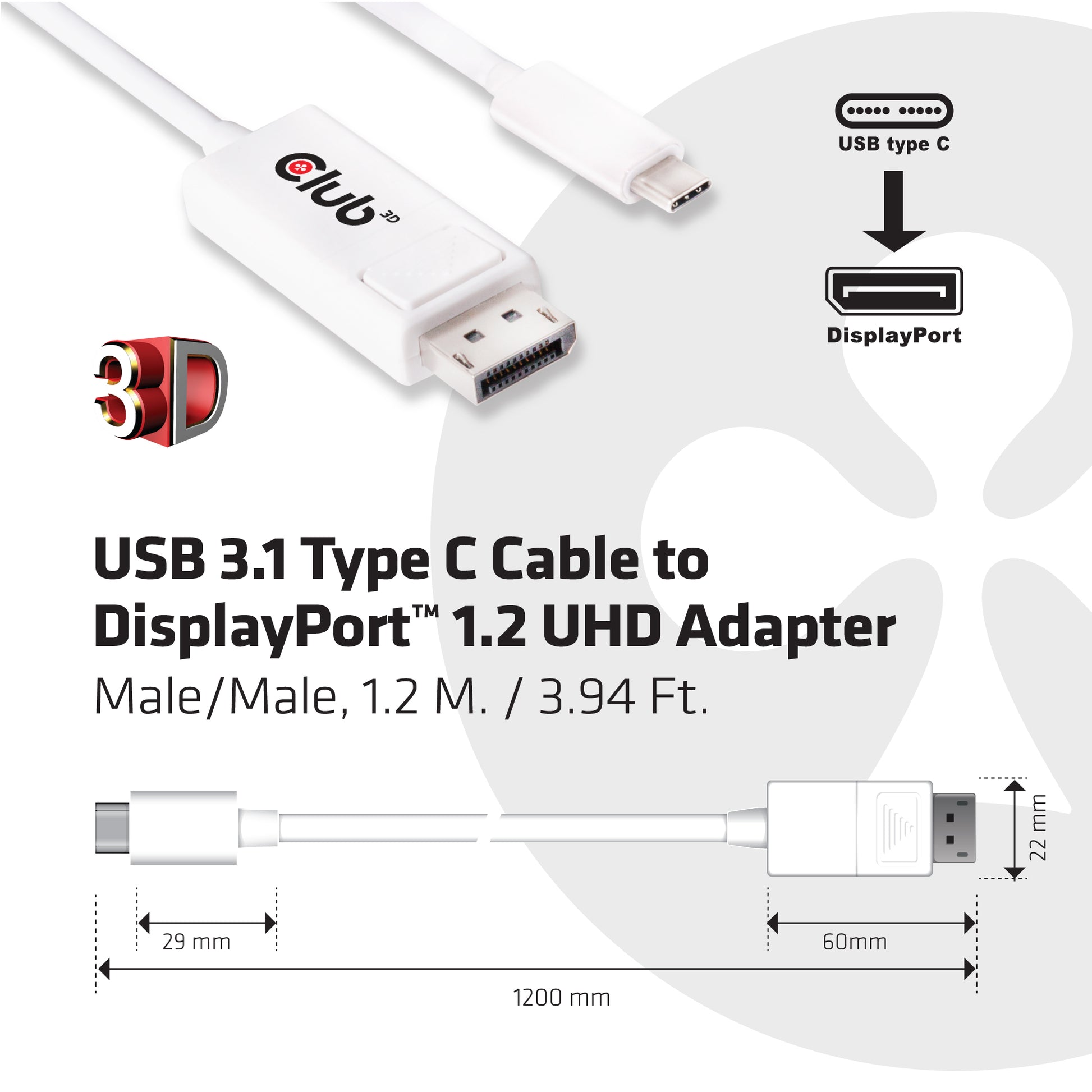 CLUB3D Club 3D – USB-C auf DisplayPort Adapter, DP 1.2, 4K@60 Hz, 1,2 m, aktiv, für Apple OS X/Windows/Chrome OS