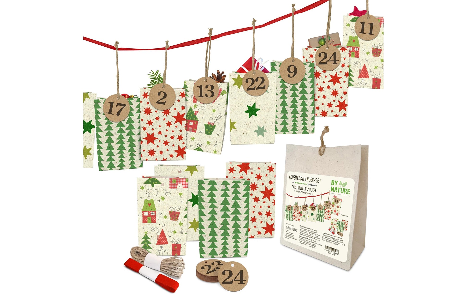 Braun + Company Adventskalender-Set – Nordic Christmas – 24 Papiertüten, aus Graspapier – 90 × 145 × 60 mm
