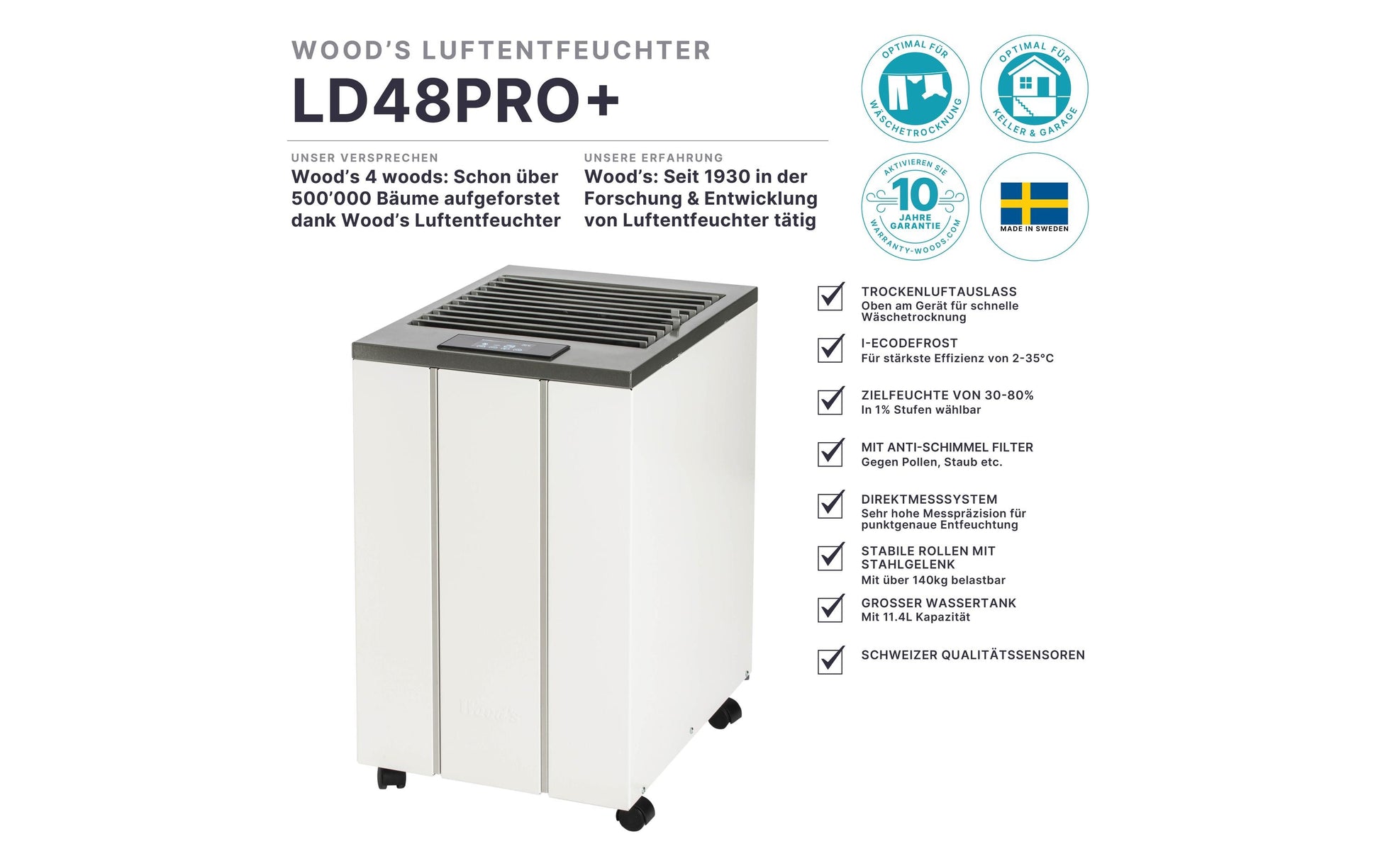 Wood's Luftentfeuchter LD48 Pro+ – 43 L/24 h, bis 180 m², Tank 11,4 l, Hygrostat