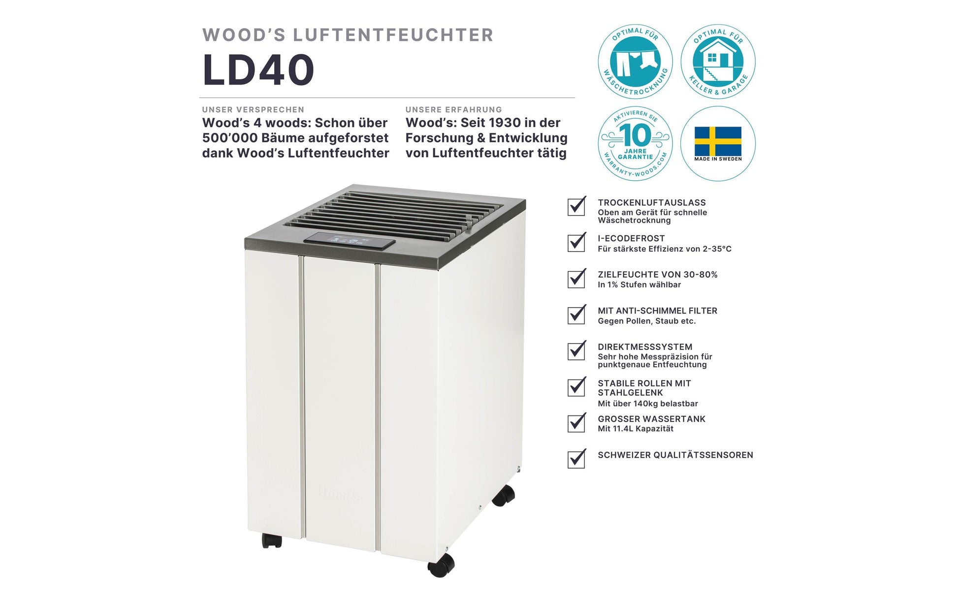 Wood's Luftentfeuchter LD40 – 19 L/24 h, bis 100 m², Tank 11,4 l, Hygrostat
