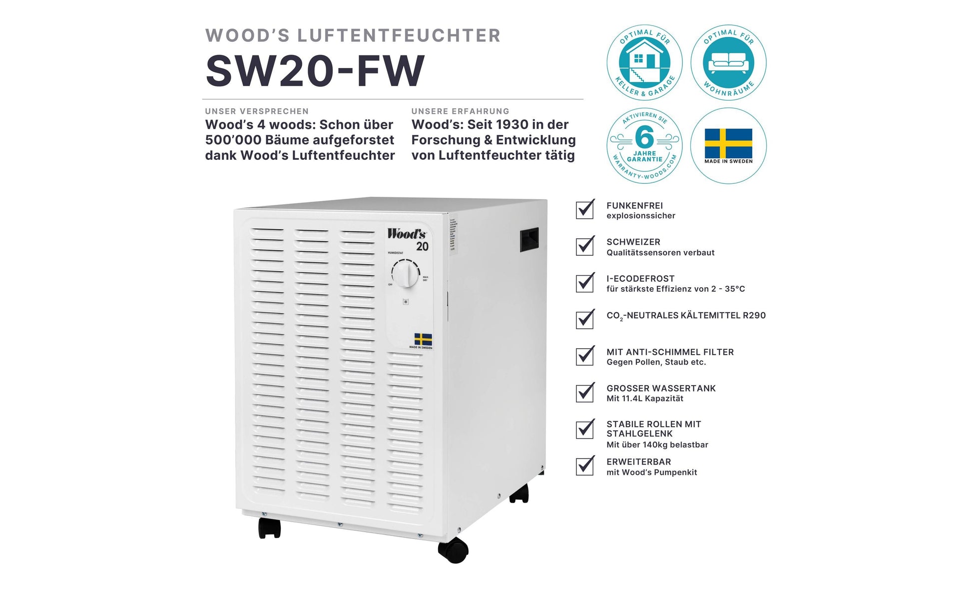 Wood's Luftentfeuchter SW-20FW – 14 L/24 h, bis 90 m², Tank 11,4 l, Hygrostat