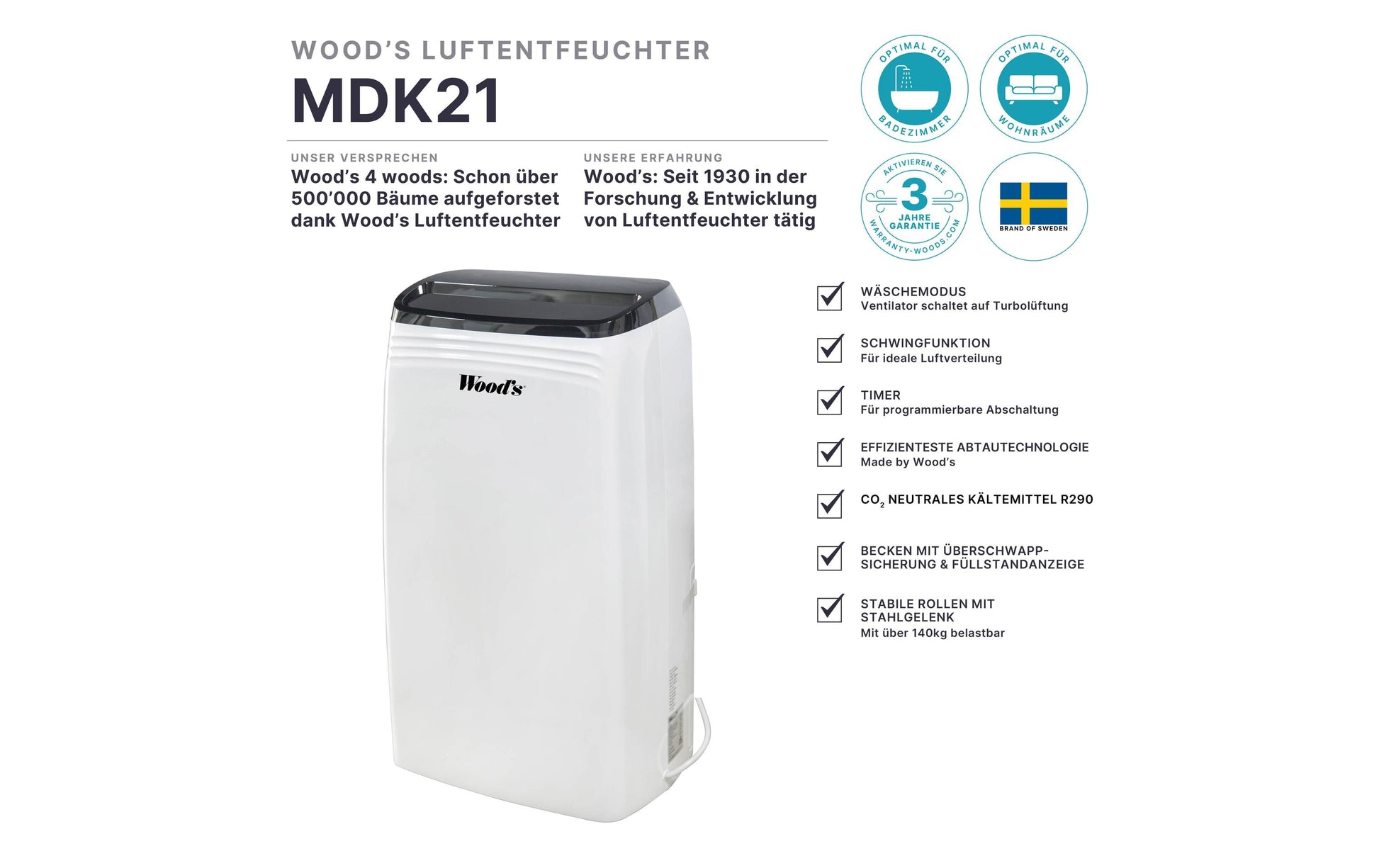 Wood's Luftentfeuchter MDK21 – 20 L/24 h, bis 70 m², Tank 4 l, Hygrostat