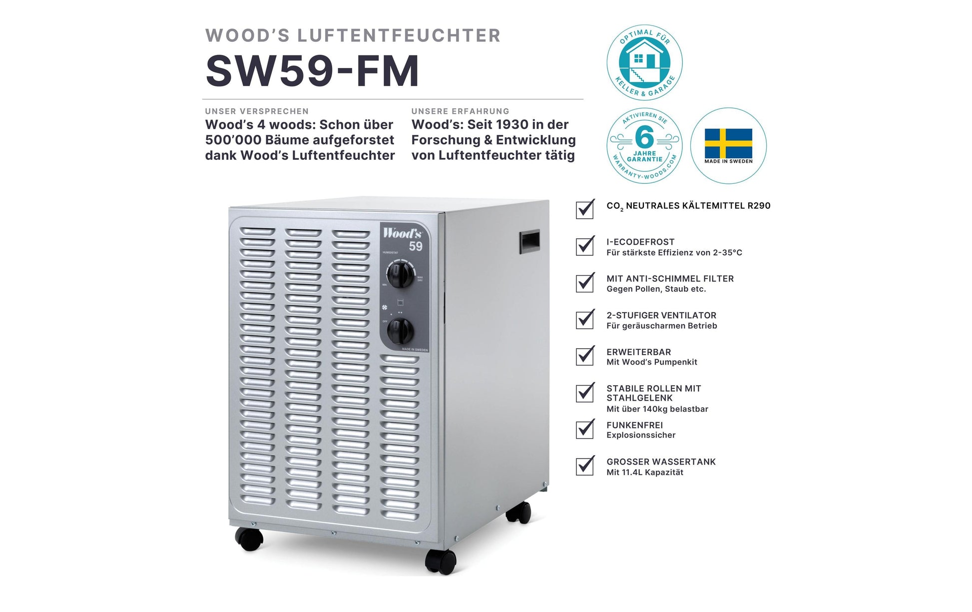 Wood's Luftentfeuchter SW-59FM – 41 L/24 h, bis 230 m², Tank 11,4 L, Hygrostat