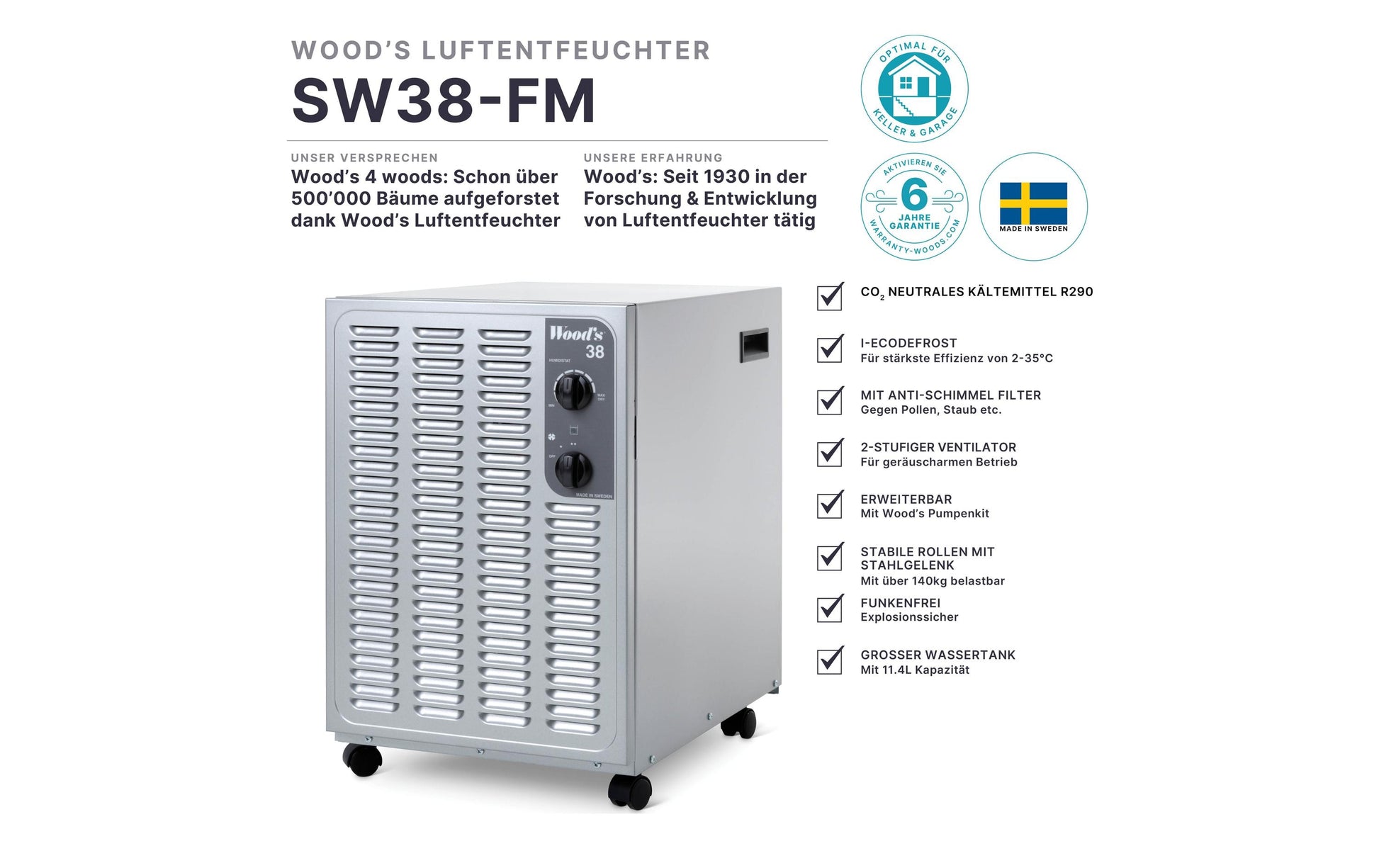 Wood's Luftentfeuchter SW-38FM – 19 L/24 h, bis 140 m², Tank 11,4 l, Hygrostat