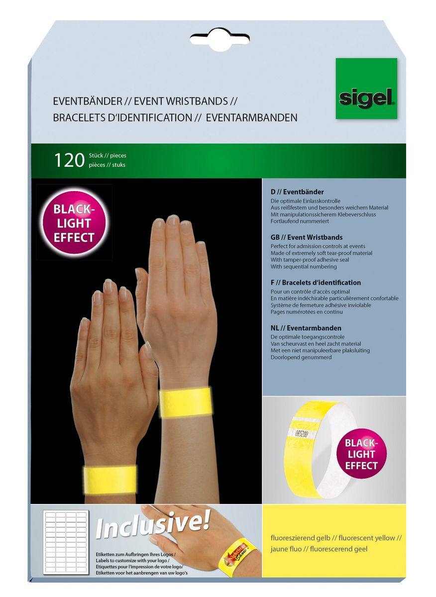 Sigel Event-Armband – 25 × 255 mm, gelb, Kunststoff, fortlaufend nummeriert – 120 Stk