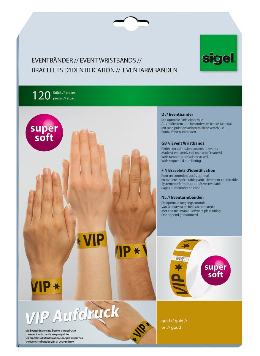 Sigel Super Soft Event-Armband – 25 × 255 mm, gold, Kunststoff, fortlaufend nummeriert – 120 Stk
