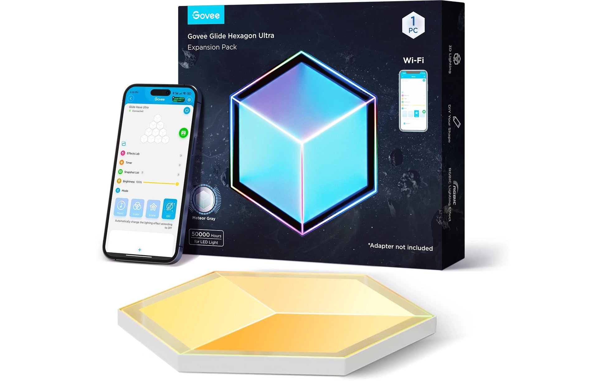 Govee Leuchtpaneele Glide Hexa Ultra – Erweiterung, 72 W, RGBIC, WLAN, für Alexa, Hellgrau