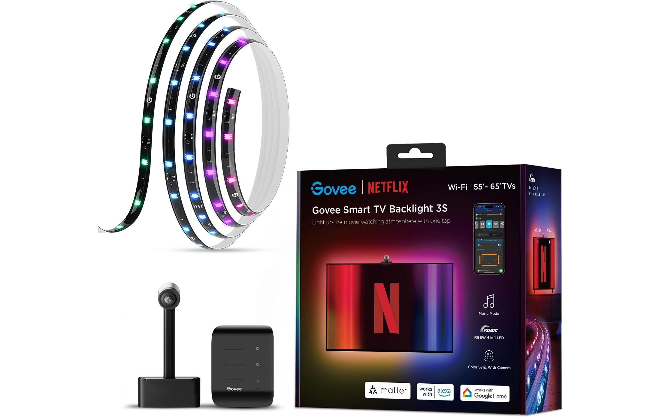 Govee Envisual TV Hintergrundbeleuchtung 3S TV-Hintergrundbeleuchtungs-Set – RGBIC, Wi‑Fi + Bluetooth – für 55–65" Fernseher – Schwarz